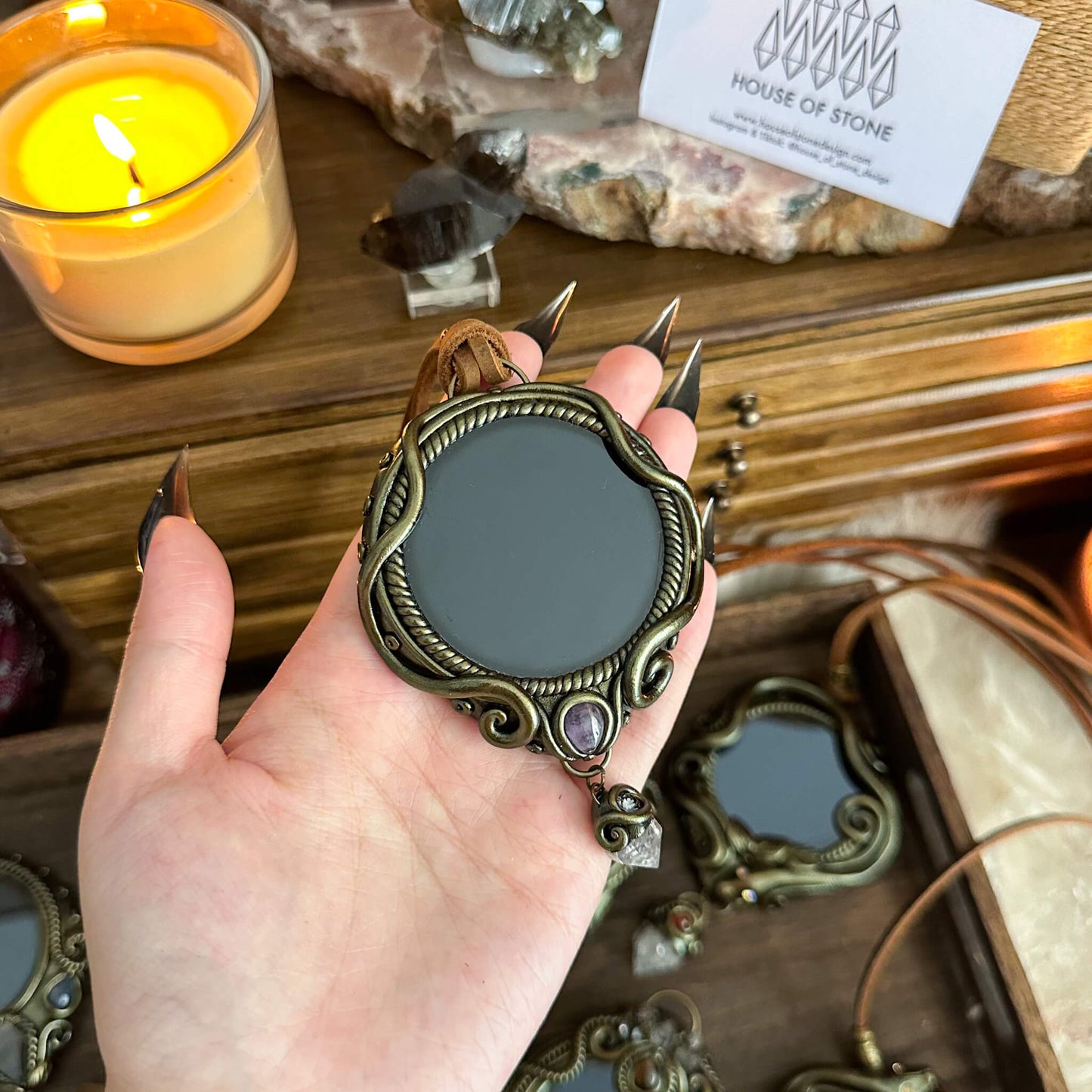 Handmade Natural Black Obsidian Pendant Necklace/Magic Obsidian Mirror Crystal Pendant/Scrying Mirror Talisman Protection Jewelry/Altar Tool