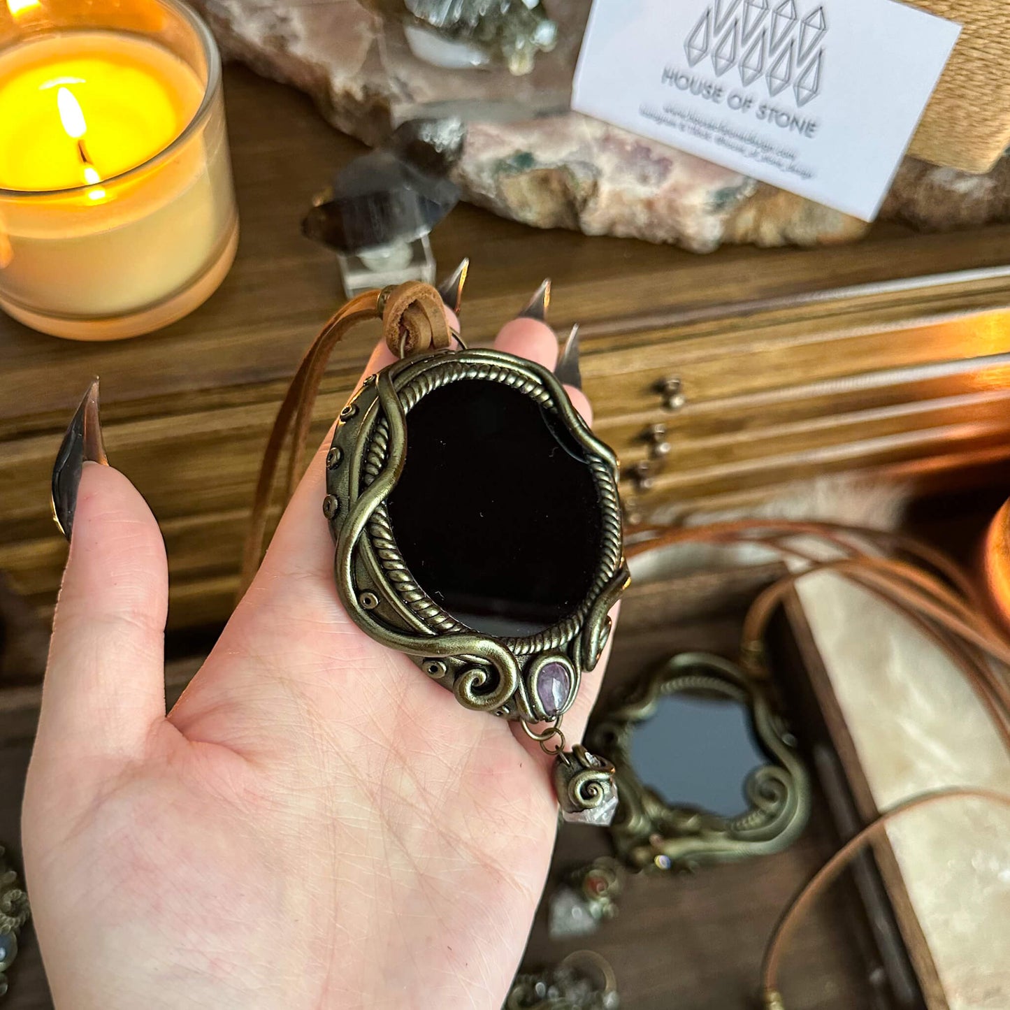Handmade Natural Black Obsidian Pendant Necklace/Magic Obsidian Mirror Crystal Pendant/Scrying Mirror Talisman Protection Jewelry/Altar Tool