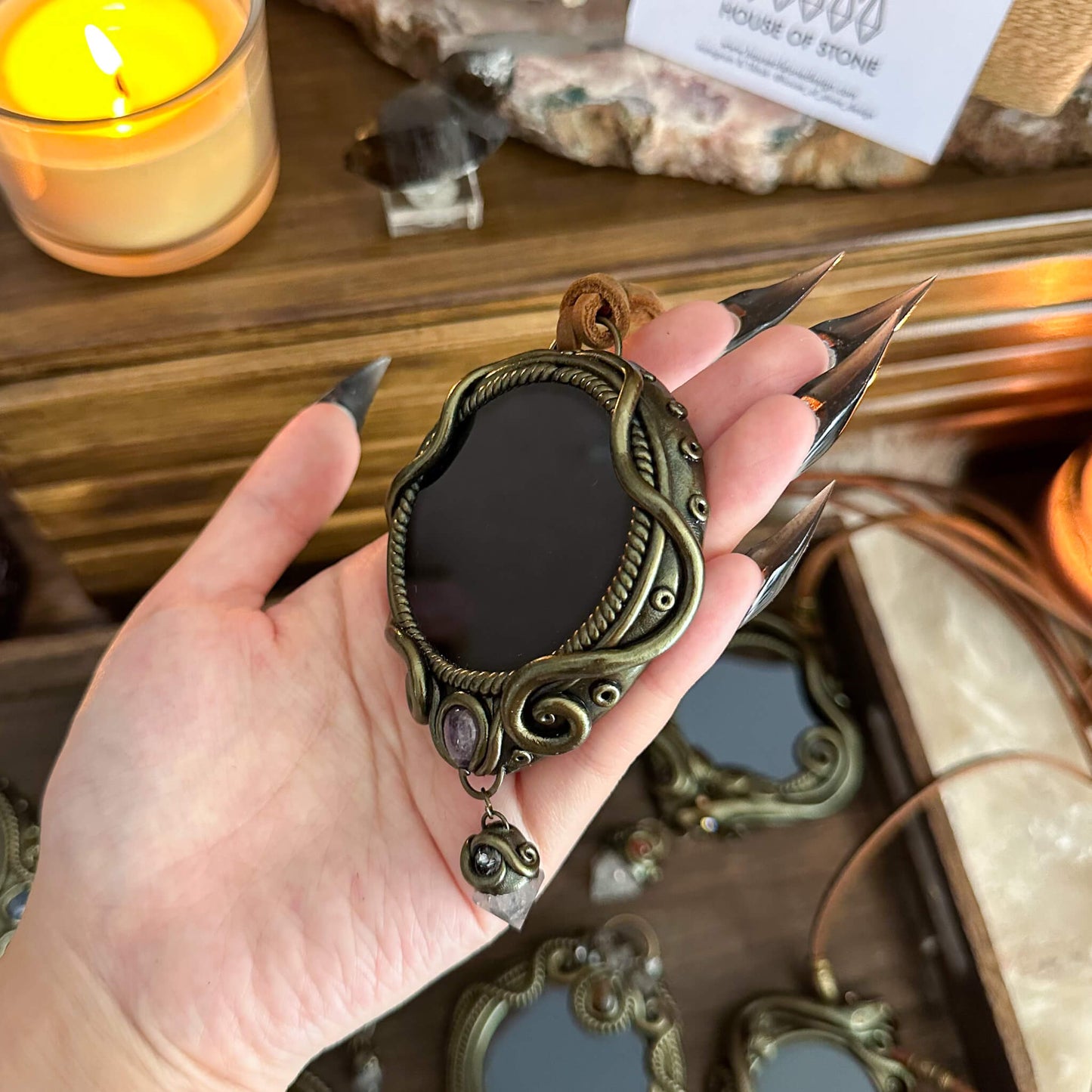 Handmade Natural Black Obsidian Pendant Necklace/Magic Obsidian Mirror Crystal Pendant/Scrying Mirror Talisman Protection Jewelry/Altar Tool