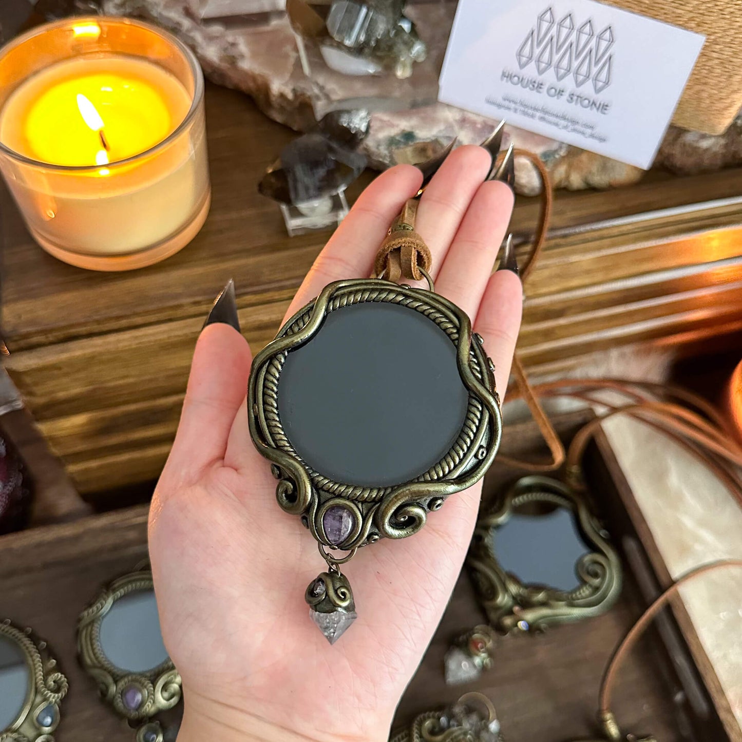 Handmade Natural Black Obsidian Pendant Necklace/Magic Obsidian Mirror Crystal Pendant/Scrying Mirror Talisman Protection Jewelry/Altar Tool