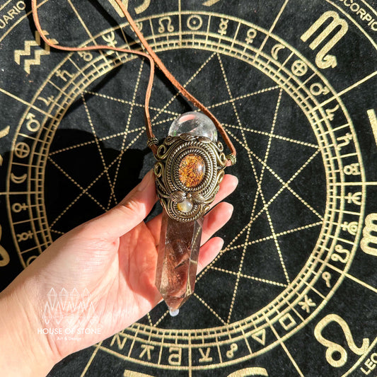 Natural Handmade Smoky Quartz  Pendant Necklace/Magic Crystal Double-sided Pendant/Labradorite Necklace/Root Chakra/Manifest Altar Tool