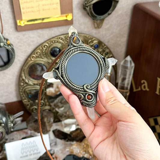 Handmade Natural Black Obsidian Pendant Necklace/Magic Obsidian Mirror Crystal Pendant/Scrying Mirror Labradorite Protection Jewelry/Altar Tool