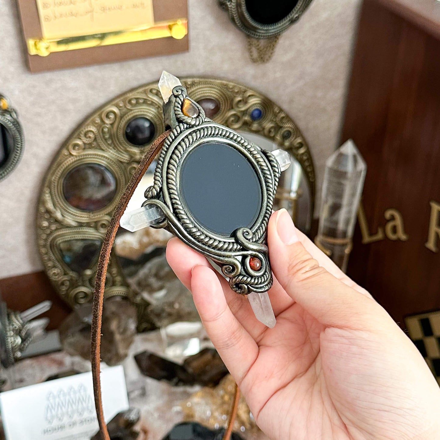 Handmade Natural Black Obsidian Pendant Necklace/Magic Obsidian Mirror Crystal Pendant/Scrying Mirror Labradorite Protection Jewelry/Altar Tool