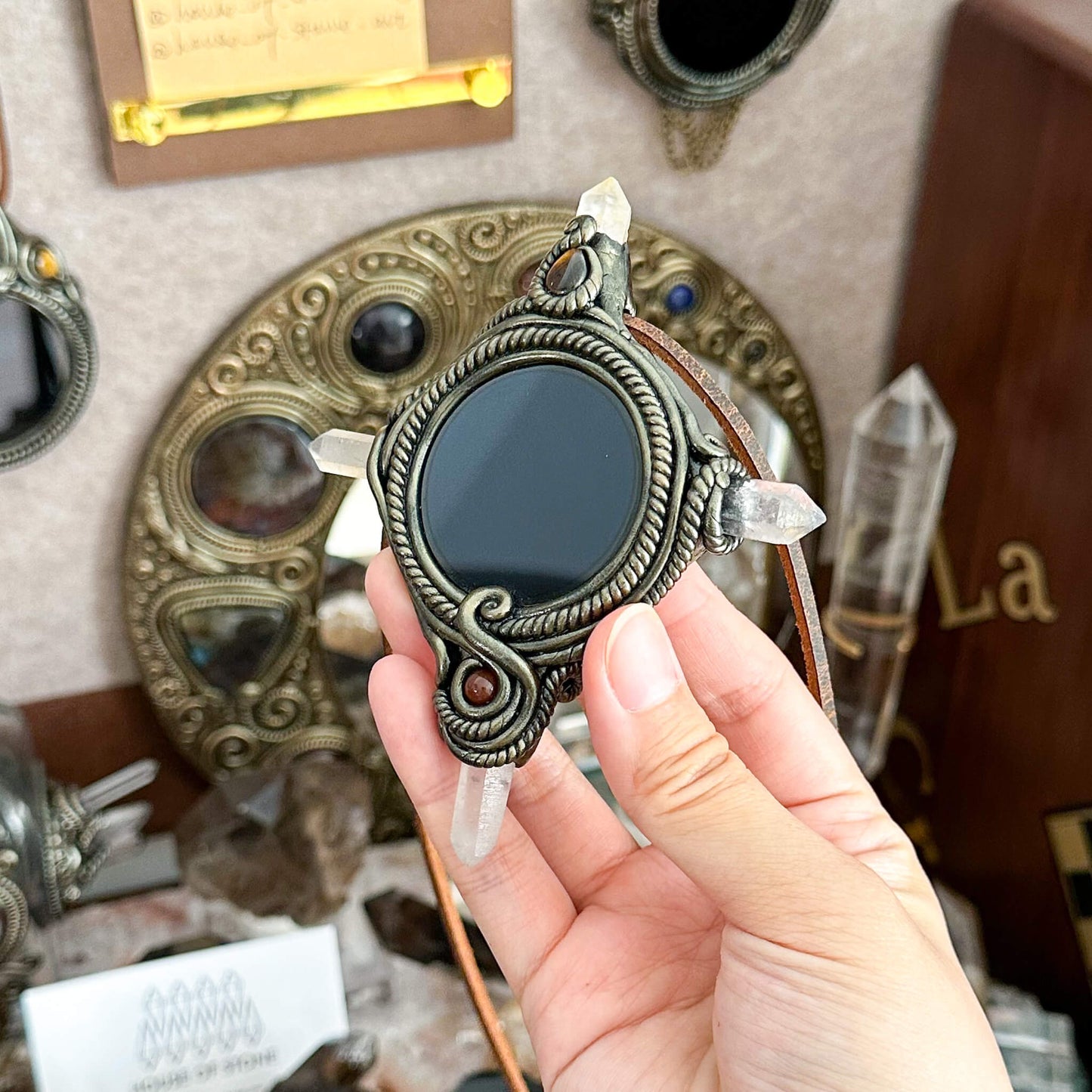 Handmade Natural Black Obsidian Pendant Necklace/Magic Obsidian Mirror Crystal Pendant/Scrying Mirror Labradorite Protection Jewelry/Altar Tool