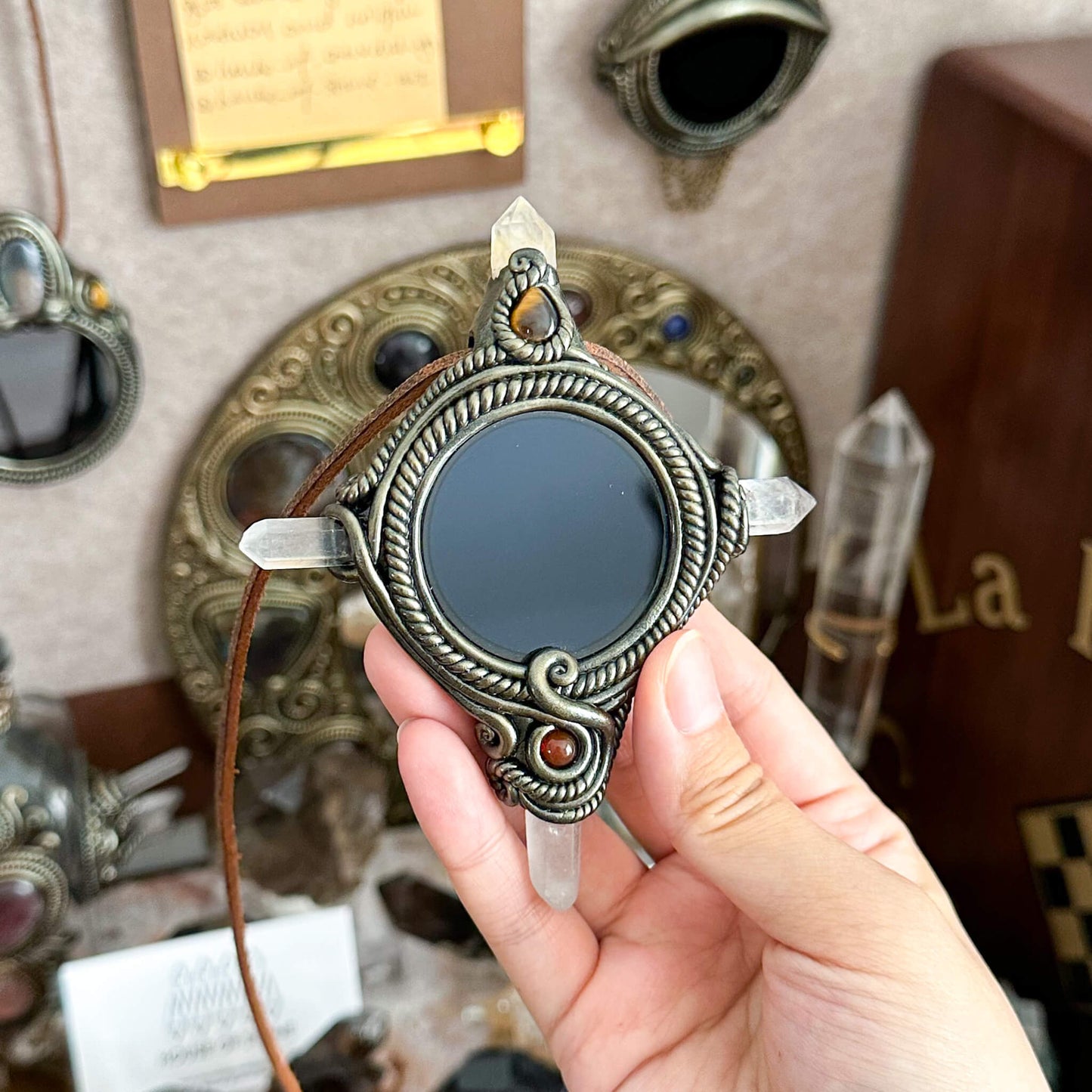 Handmade Natural Black Obsidian Pendant Necklace/Magic Obsidian Mirror Crystal Pendant/Scrying Mirror Labradorite Protection Jewelry/Altar Tool
