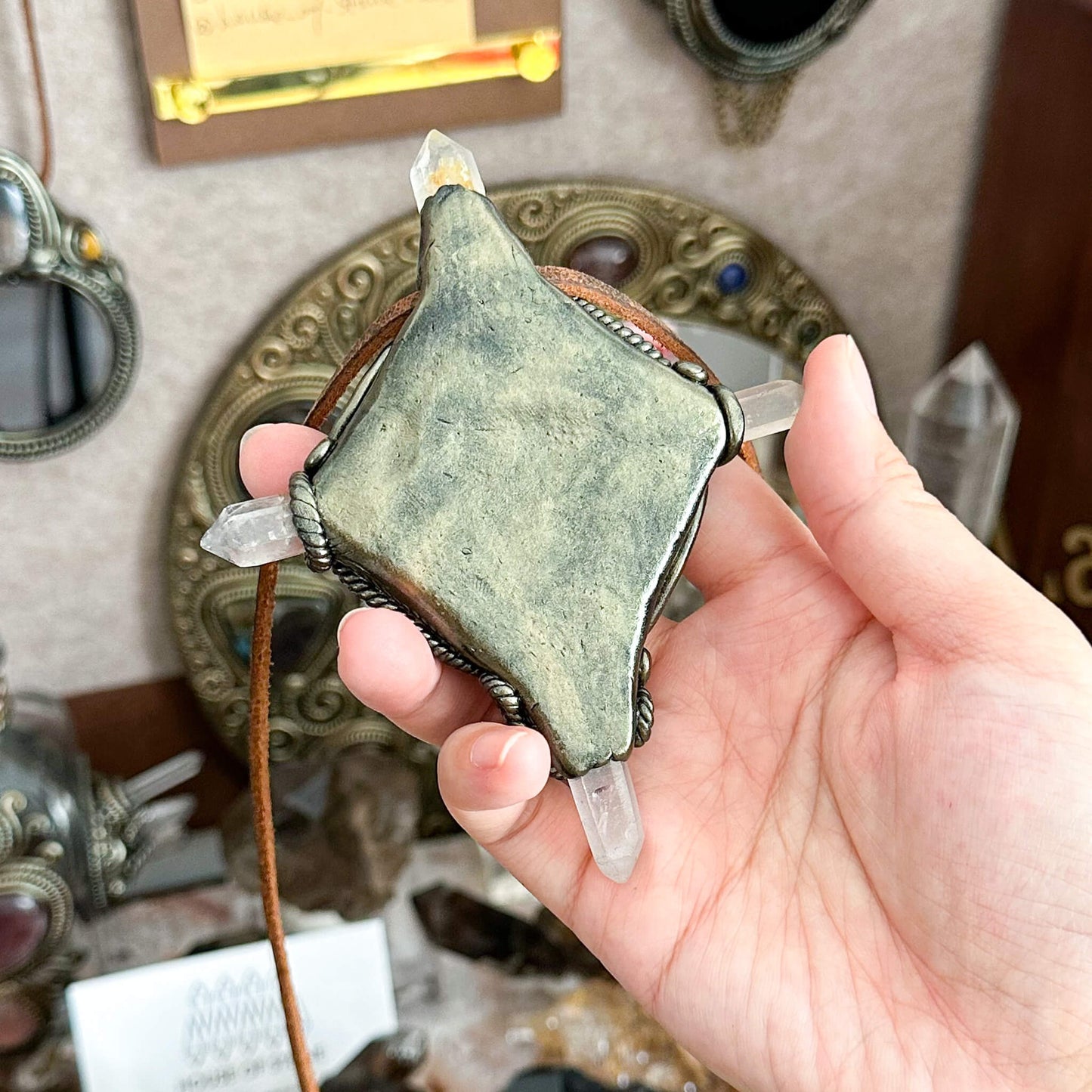 Handmade Natural Black Obsidian Pendant Necklace/Magic Obsidian Mirror Crystal Pendant/Scrying Mirror Labradorite Protection Jewelry/Altar Tool