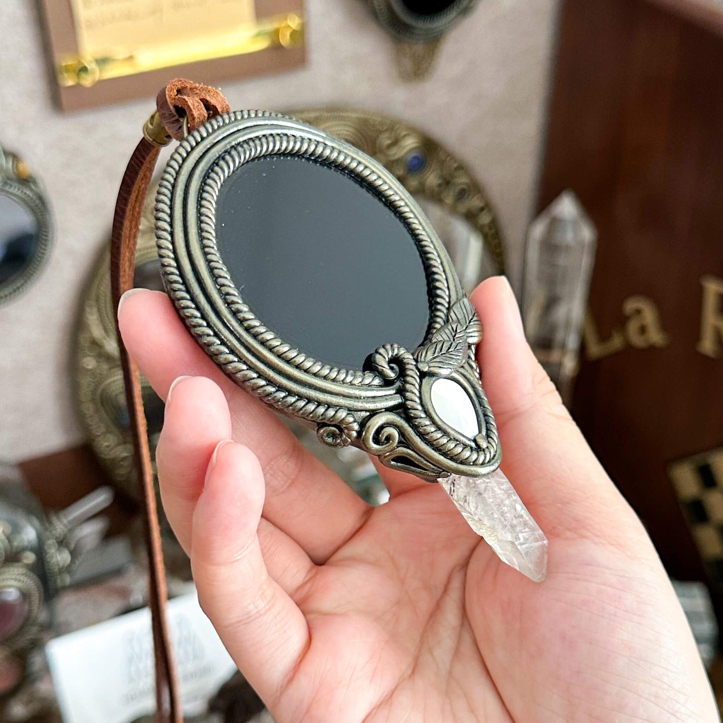 Handmade Natural Black Obsidian Pendant Necklace/Magic Obsidian Mirror Crystal Pendant/Scrying Mirror Talisman Protection Jewelry/Altar Tool