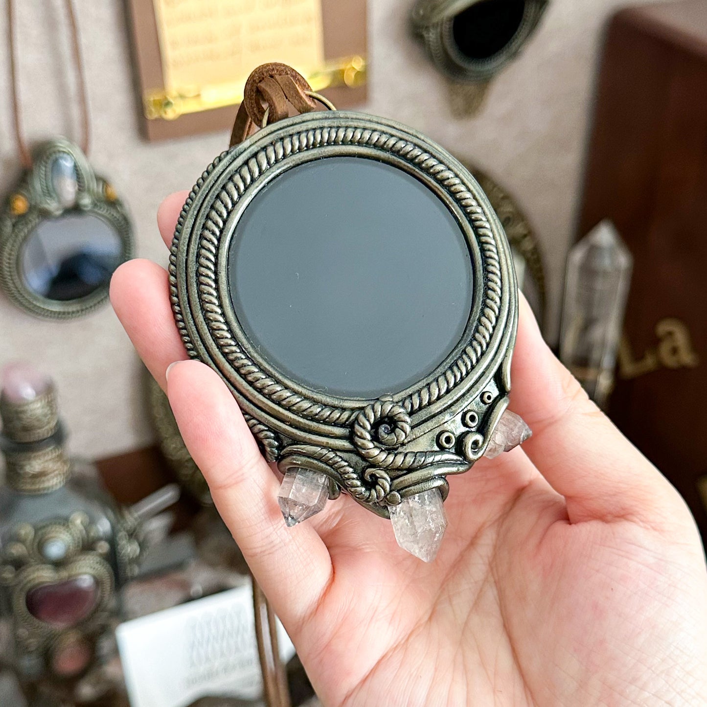 Handmade Natural Black Obsidian Pendant Necklace/Magic Obsidian Mirror Crystal Pendant/Scrying Mirror Labradorite Protection Jewelry/Altar Tool