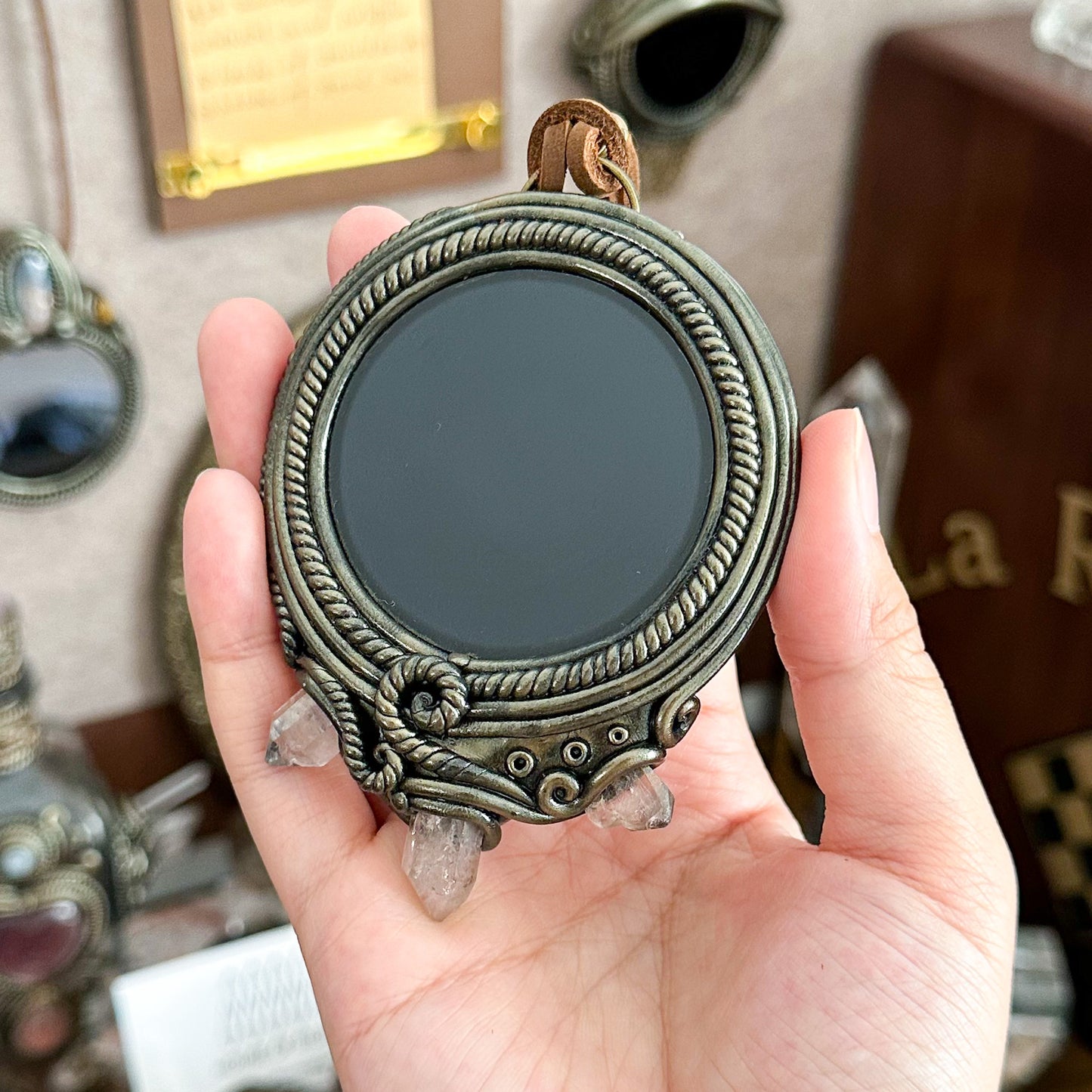 Handmade Natural Black Obsidian Pendant Necklace/Magic Obsidian Mirror Crystal Pendant/Scrying Mirror Labradorite Protection Jewelry/Altar Tool