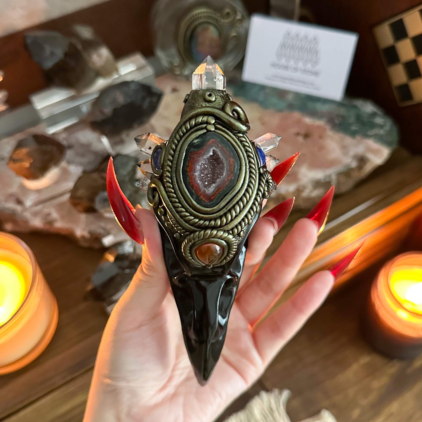 Handmade Natural Black Obsidian Raven Skull Pendant Necklace/Magic Herkimer Diamond Crystal Protection Pendant/Amulet Talisman Jewelry/Chakra/Altar Tool