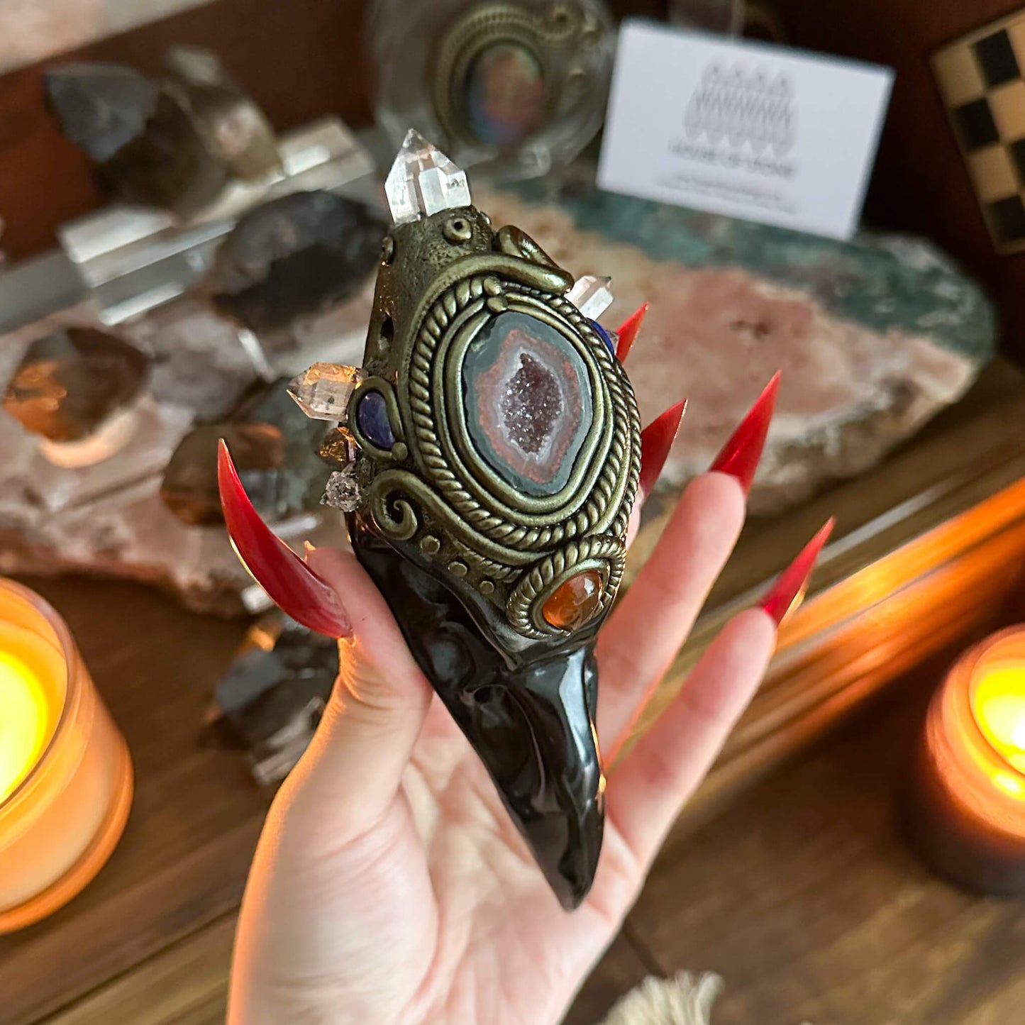 Handmade Natural Black Obsidian Raven Skull Pendant Necklace/Magic Herkimer Diamond Crystal Protection Pendant/Amulet Talisman Jewelry/Chakra/Altar Tool