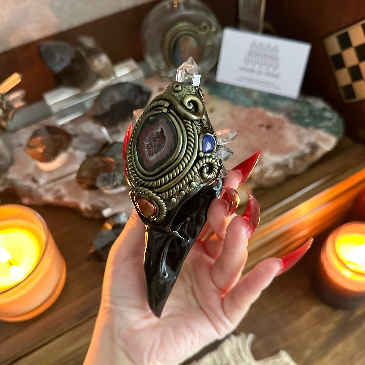 Handmade Natural Black Obsidian Raven Skull Pendant Necklace/Magic Herkimer Diamond Crystal Protection Pendant/Amulet Talisman Jewelry/Chakra/Altar Tool