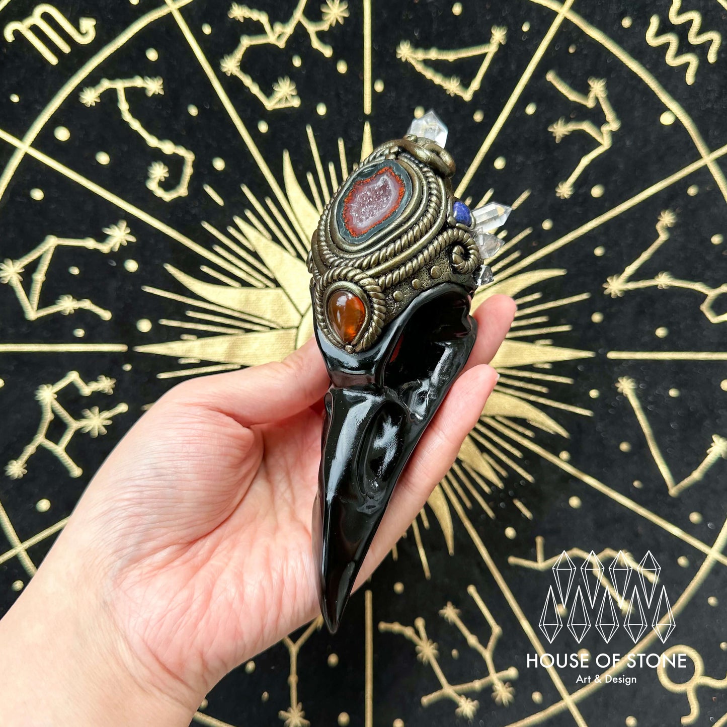 Handmade Natural Black Obsidian Raven Skull Pendant Necklace/Magic Herkimer Diamond Crystal Protection Pendant/Amulet Talisman Jewelry/Chakra/Altar Tool