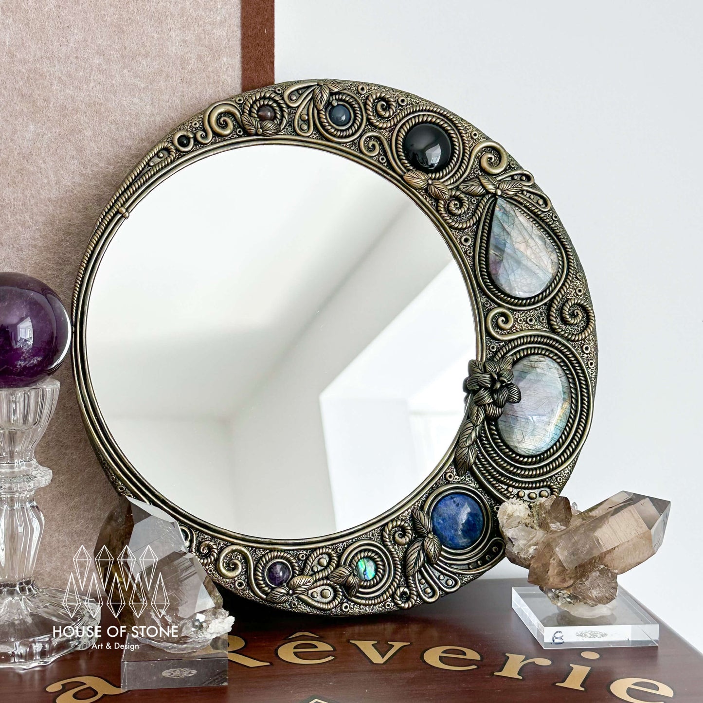 Handmade Natural Crystal Mirror/Magic Crystal Witch Mirror/Labradorite Mirror/Crystal Quartz Mirror/Chakra Healing/Manifest Altar Tool