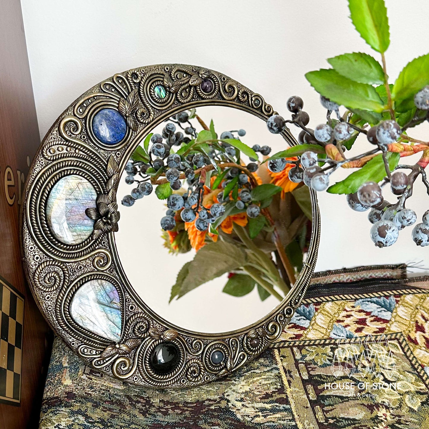 Handmade Natural Crystal Mirror/Magic Crystal Witch Mirror/Labradorite Mirror/Crystal Quartz Mirror/Chakra Healing/Manifest Altar Tool