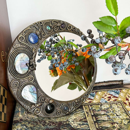 Handmade Natural Crystal Mirror/Magic Crystal Witch Mirror/Labradorite Mirror/Crystal Quartz Mirror/Chakra Healing/Manifest Altar Tool