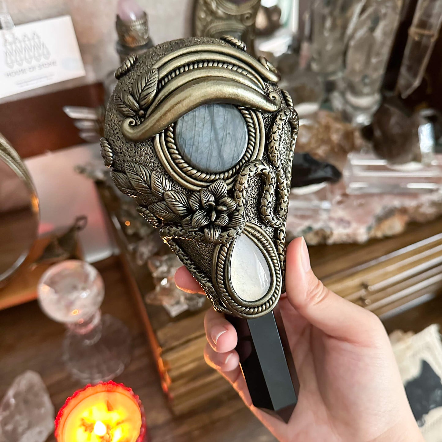 Handmade Natural Black Obsidian Mirror/Magic Obsidian Witch Wand/Crystal Quartz Wand/Scrying Mirror Wand/Root Chakra/Manifest Altar Tool
