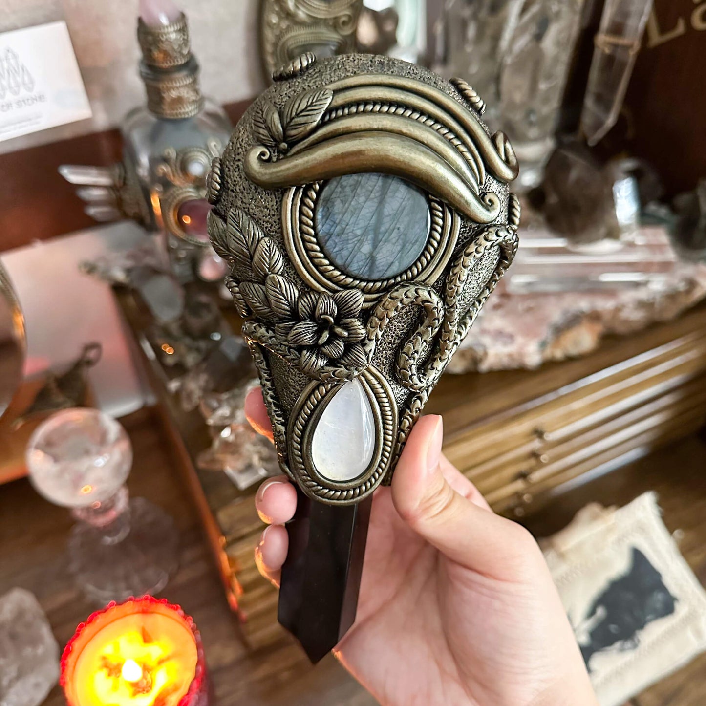 Handmade Natural Black Obsidian Mirror/Magic Obsidian Witch Wand/Crystal Quartz Wand/Scrying Mirror Wand/Root Chakra/Manifest Altar Tool