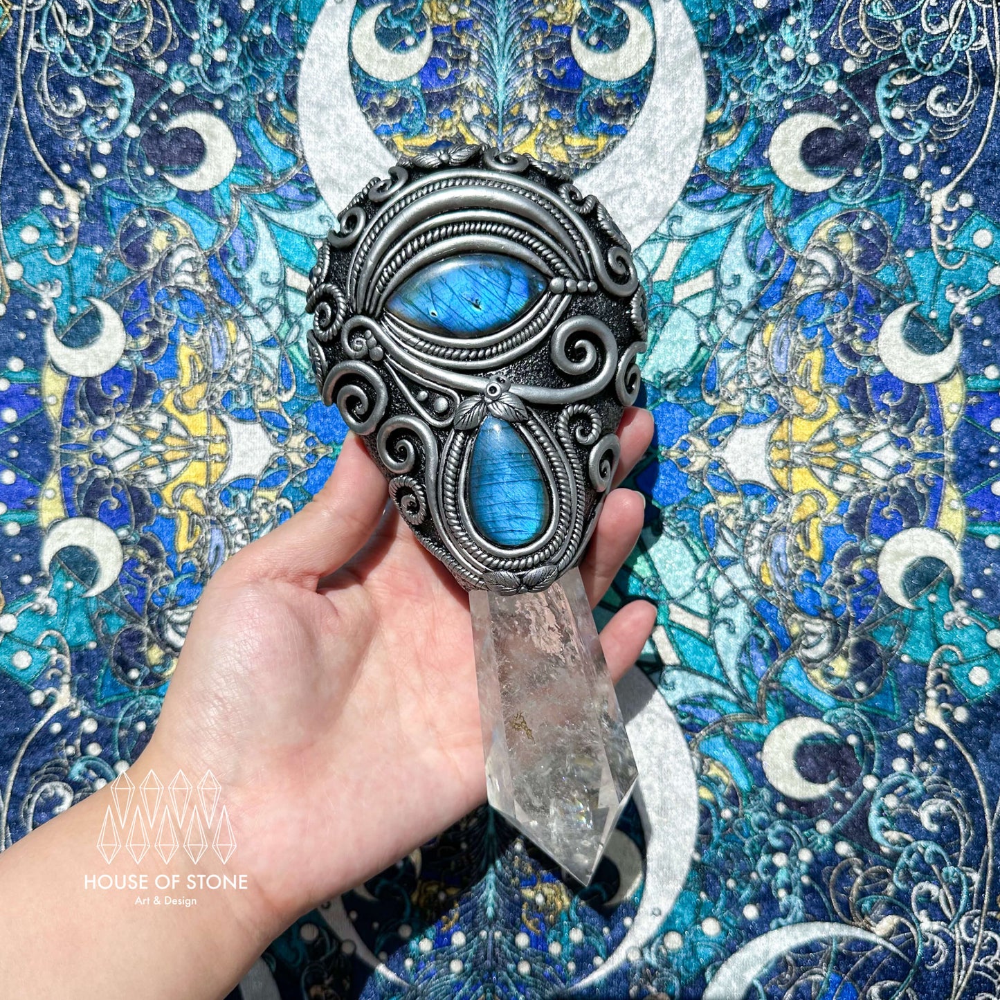 Natural Handmade Black Obsidian Mirror/Magic Obsidian Witch Wand/Clear Quartz Wand/Scrying Mirror Wand/Chakra/Manifest Altar Tool