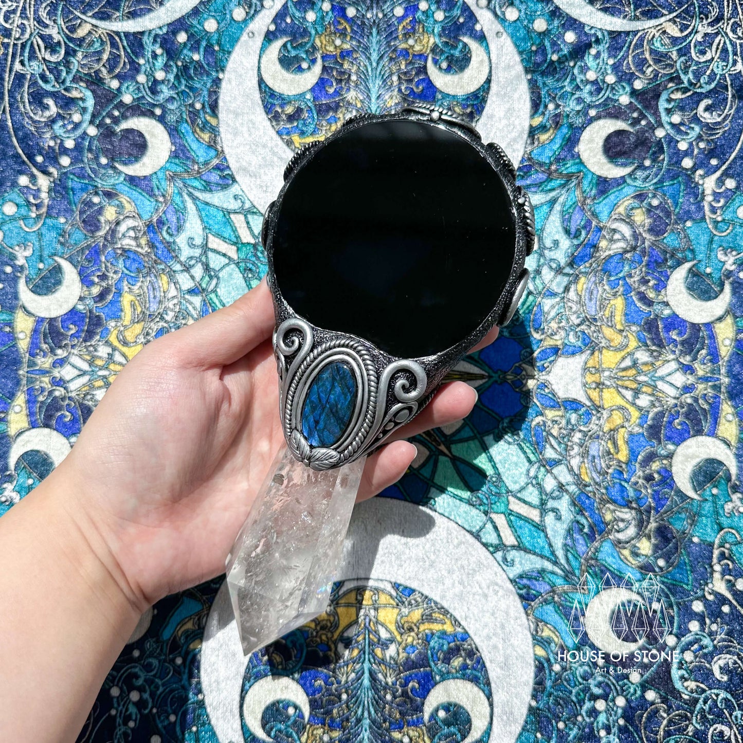 Natural Handmade Black Obsidian Mirror/Magic Obsidian Witch Wand/Clear Quartz Wand/Scrying Mirror Wand/Chakra/Manifest Altar Tool