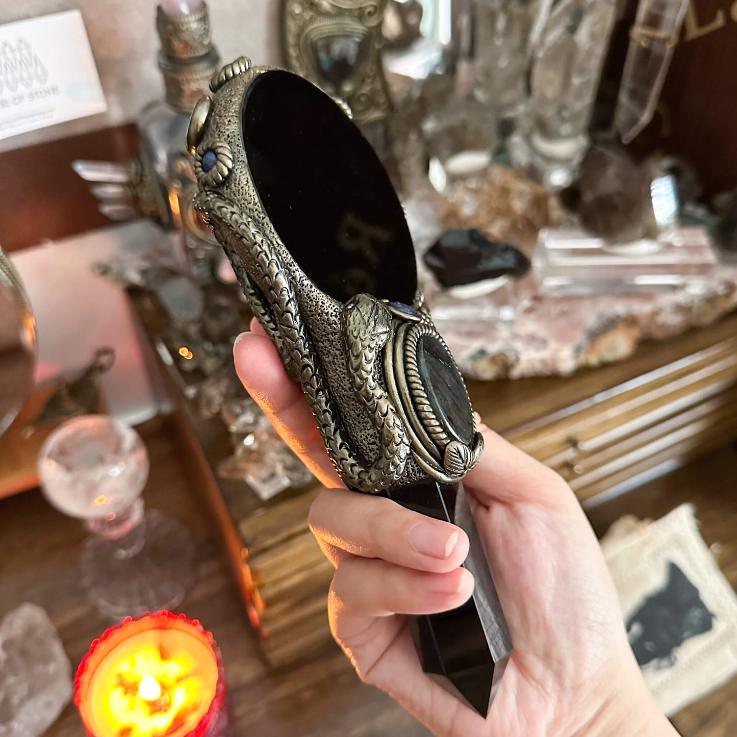Handmade Natural Black Obsidian Mirror/Magic Obsidian Witch Wand/Crystal Quartz Wand/Scrying Mirror Wand/Root Chakra/Manifest Altar Tool
