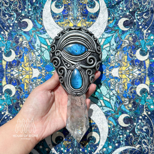 Natural Handmade Black Obsidian Mirror/Magic Obsidian Witch Wand/Clear Quartz Wand/Scrying Mirror Wand/Chakra/Manifest Altar Tool