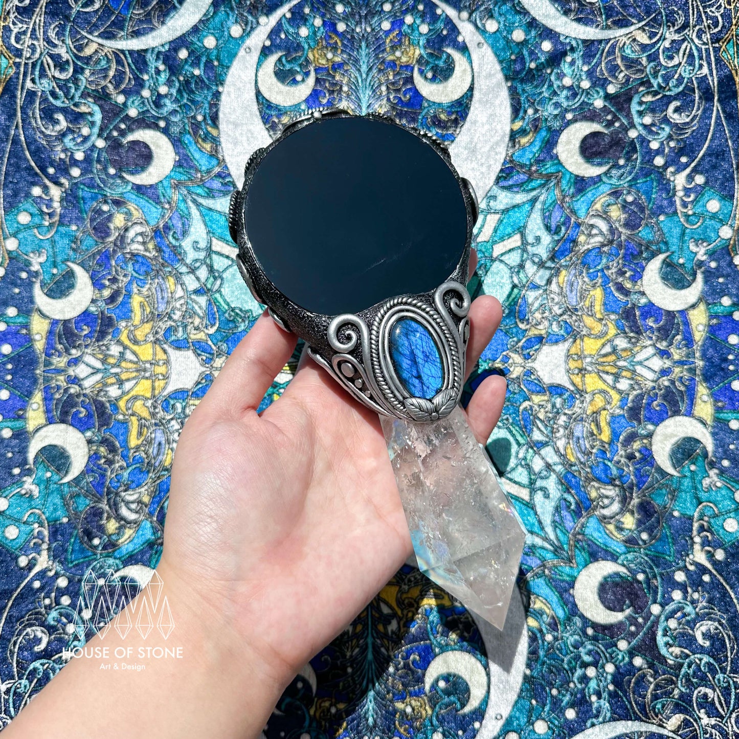 Natural Handmade Black Obsidian Mirror/Magic Obsidian Witch Wand/Clear Quartz Wand/Scrying Mirror Wand/Chakra/Manifest Altar Tool