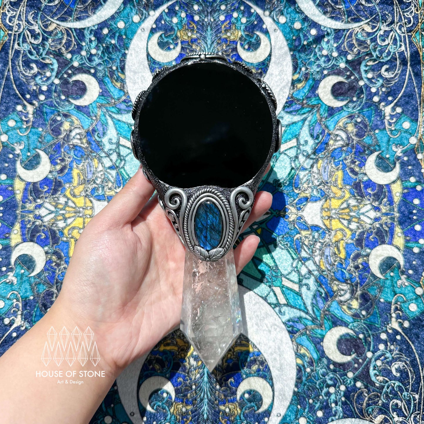 Natural Handmade Black Obsidian Mirror/Magic Obsidian Witch Wand/Clear Quartz Wand/Scrying Mirror Wand/Chakra/Manifest Altar Tool