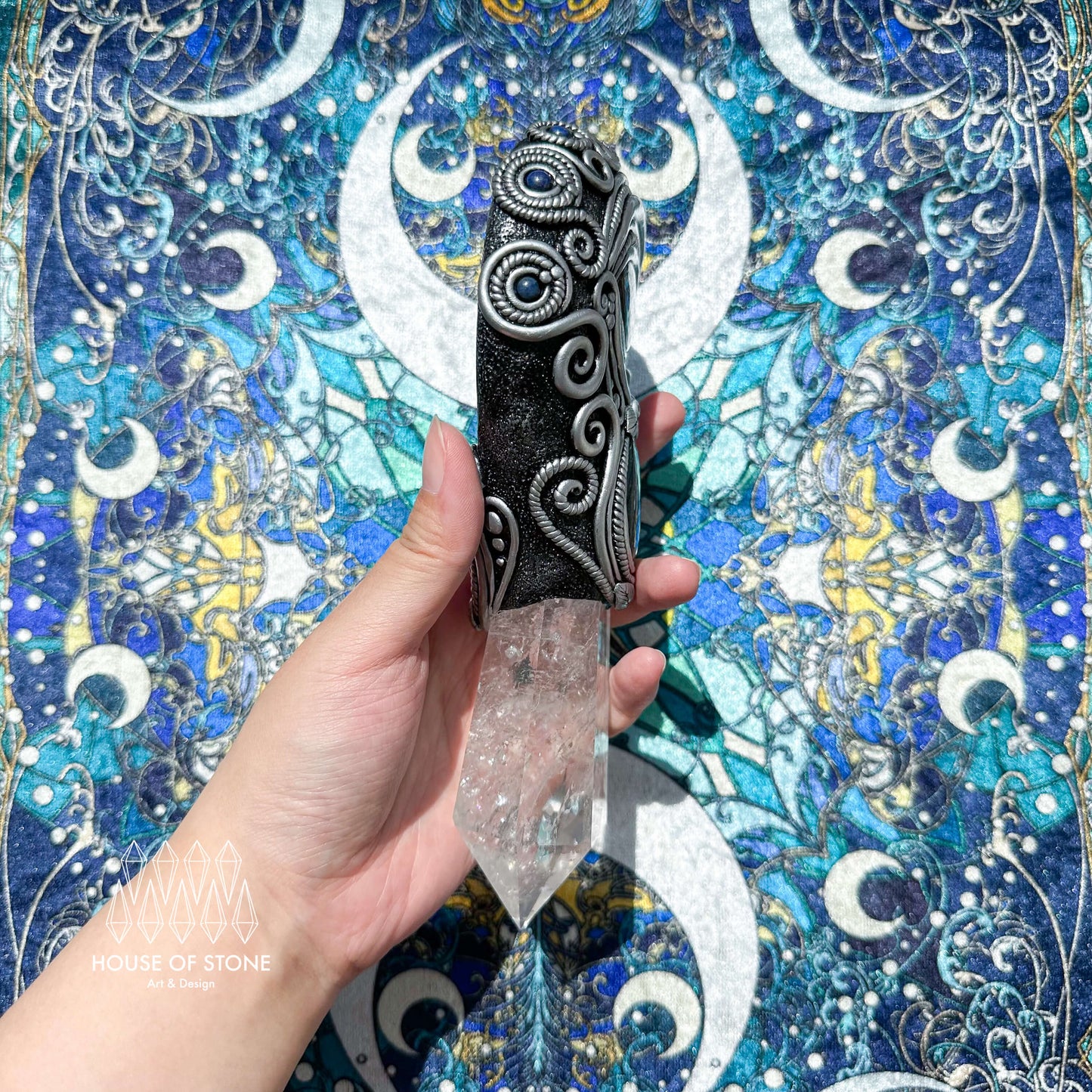 Natural Handmade Black Obsidian Mirror/Magic Obsidian Witch Wand/Clear Quartz Wand/Scrying Mirror Wand/Chakra/Manifest Altar Tool