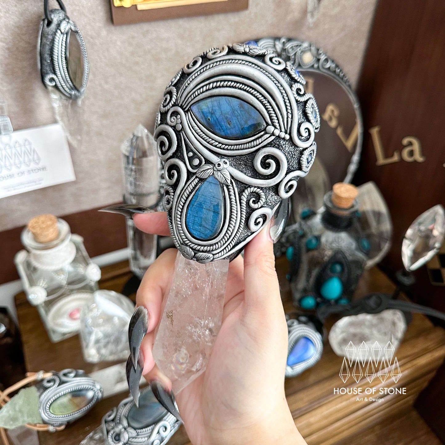 Natural Handmade Black Obsidian Mirror/Magic Obsidian Witch Wand/Clear Quartz Wand/Scrying Mirror Wand/Chakra/Manifest Altar Tool