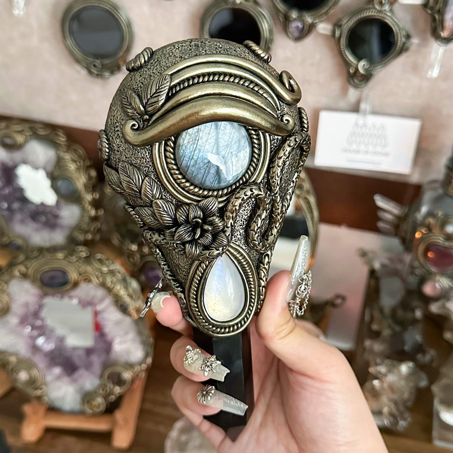 Handmade Natural Black Obsidian Mirror/Magic Obsidian Witch Wand/Crystal Quartz Wand/Scrying Mirror Wand/Root Chakra/Manifest Altar Tool