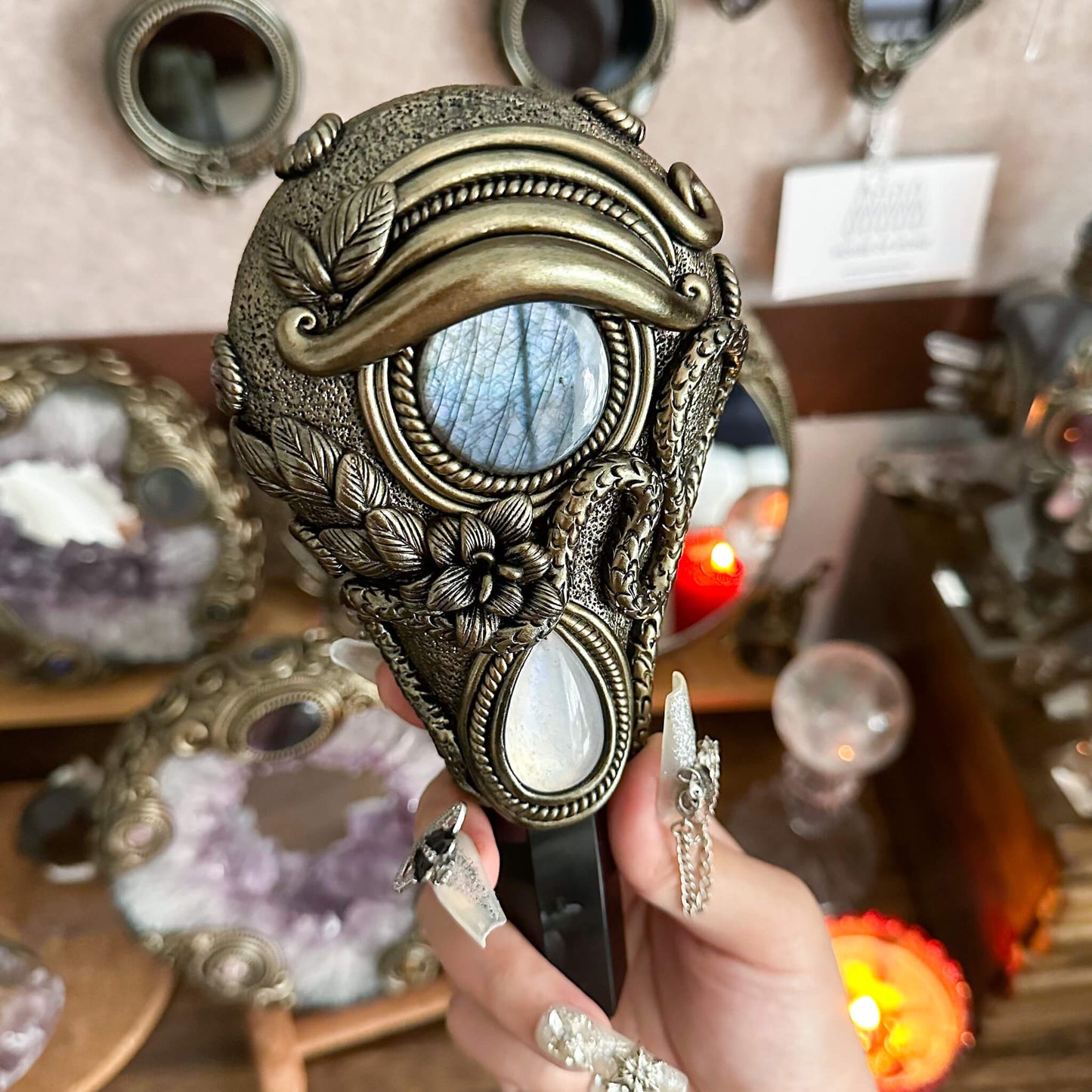 Handmade Natural Black Obsidian Mirror/Magic Obsidian Witch Wand/Crystal Quartz Wand/Scrying Mirror Wand/Root Chakra/Manifest Altar Tool