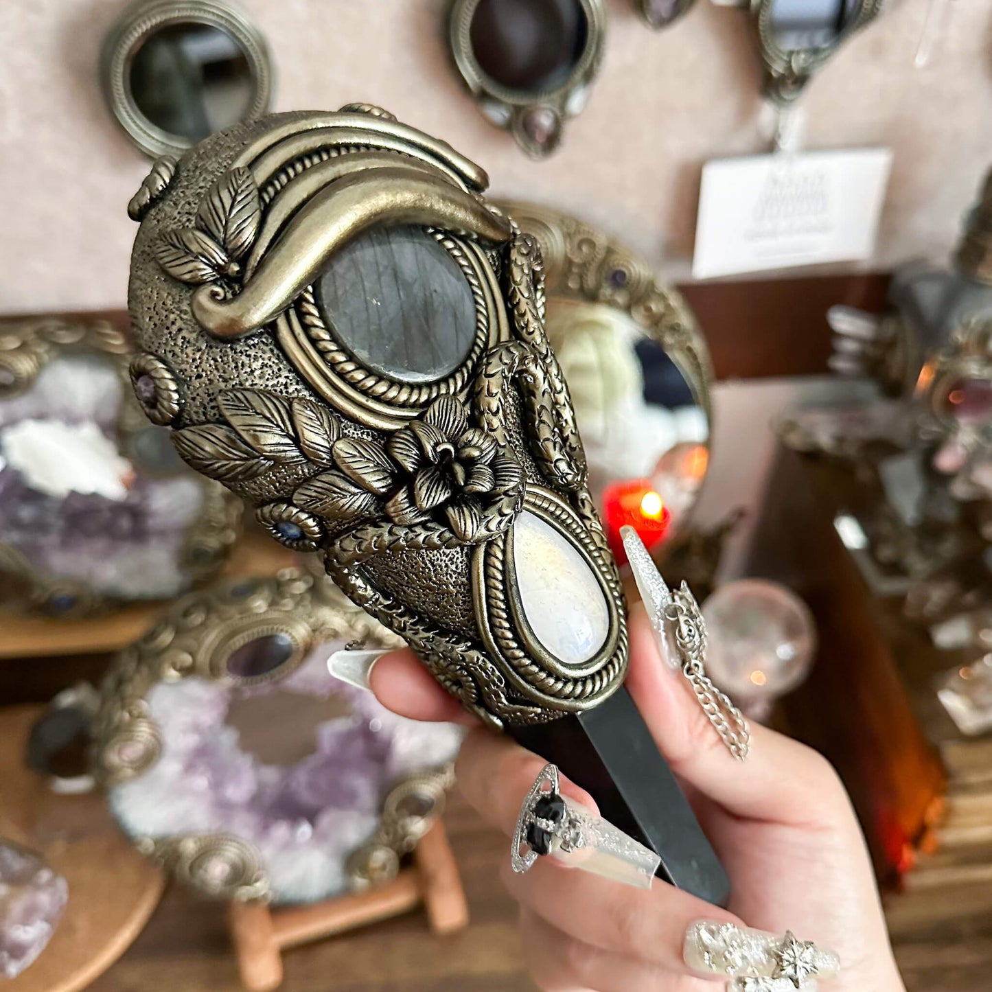 Handmade Natural Black Obsidian Mirror/Magic Obsidian Witch Wand/Crystal Quartz Wand/Scrying Mirror Wand/Root Chakra/Manifest Altar Tool