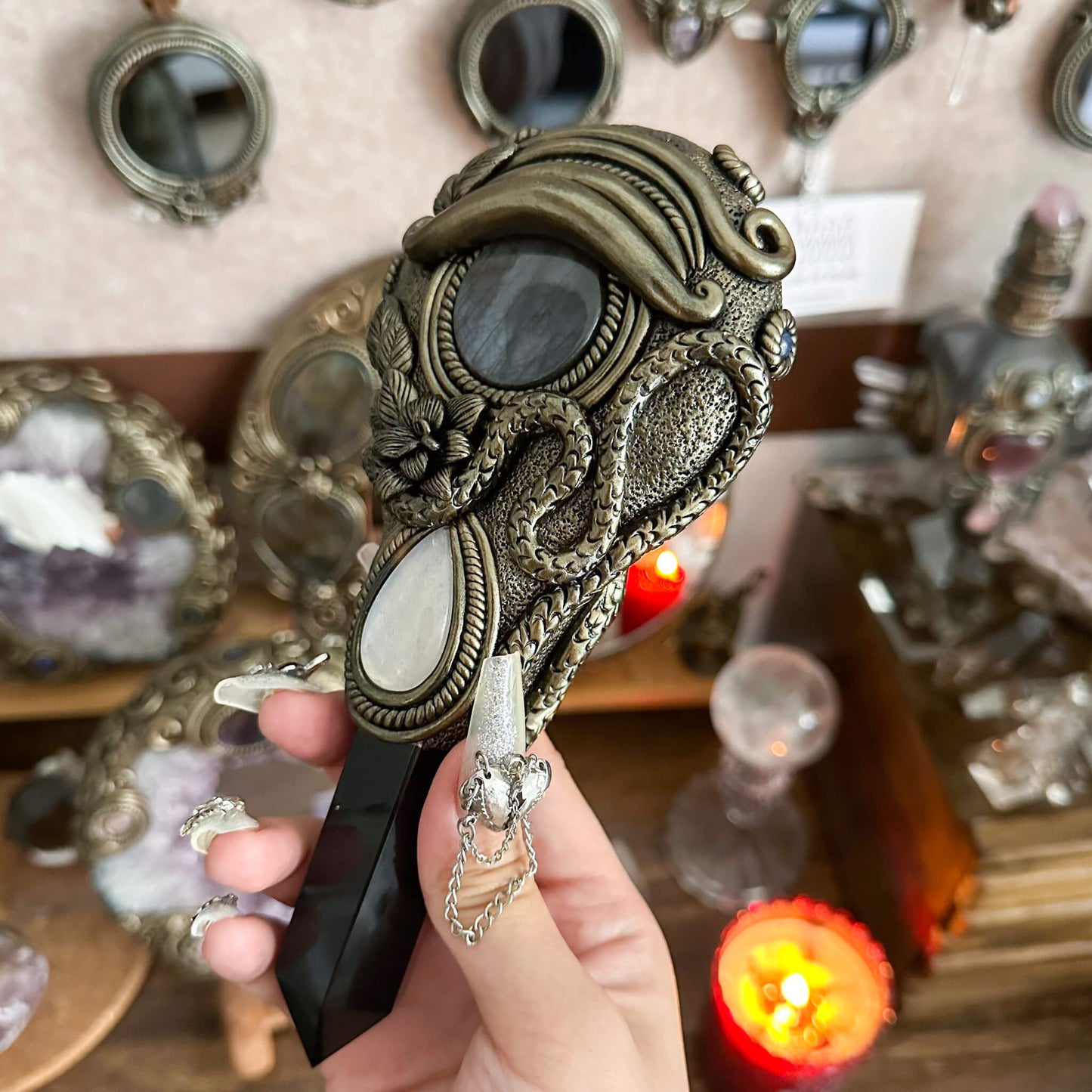 Handmade Natural Black Obsidian Mirror/Magic Obsidian Witch Wand/Crystal Quartz Wand/Scrying Mirror Wand/Root Chakra/Manifest Altar Tool