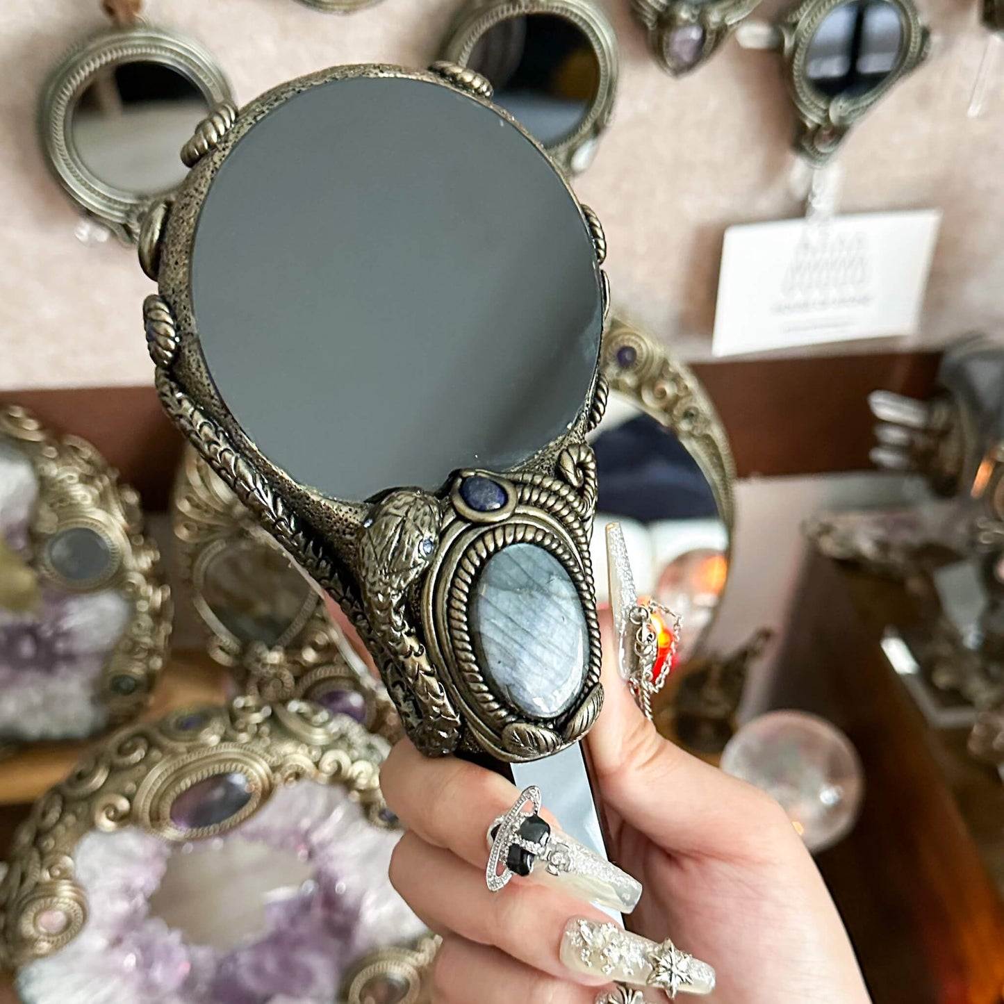Handmade Natural Black Obsidian Mirror/Magic Obsidian Witch Wand/Crystal Quartz Wand/Scrying Mirror Wand/Root Chakra/Manifest Altar Tool