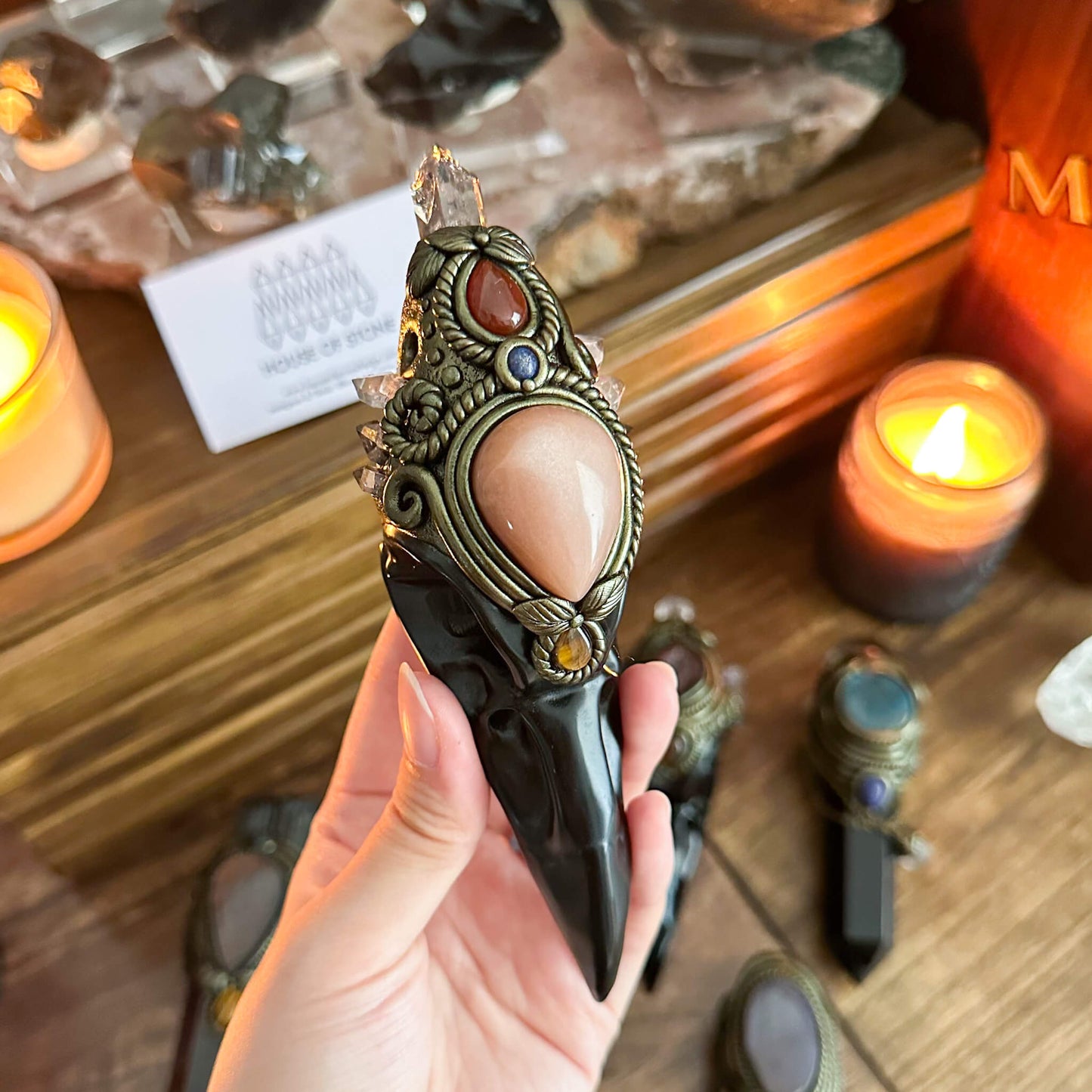 Handmade Natural Black Obsidian Raven Skull Pendant Necklace/Magic Herkimer Diamond Crystal Protection Pendant/Amulet Talisman Jewelry/Chakra/Altar Tool