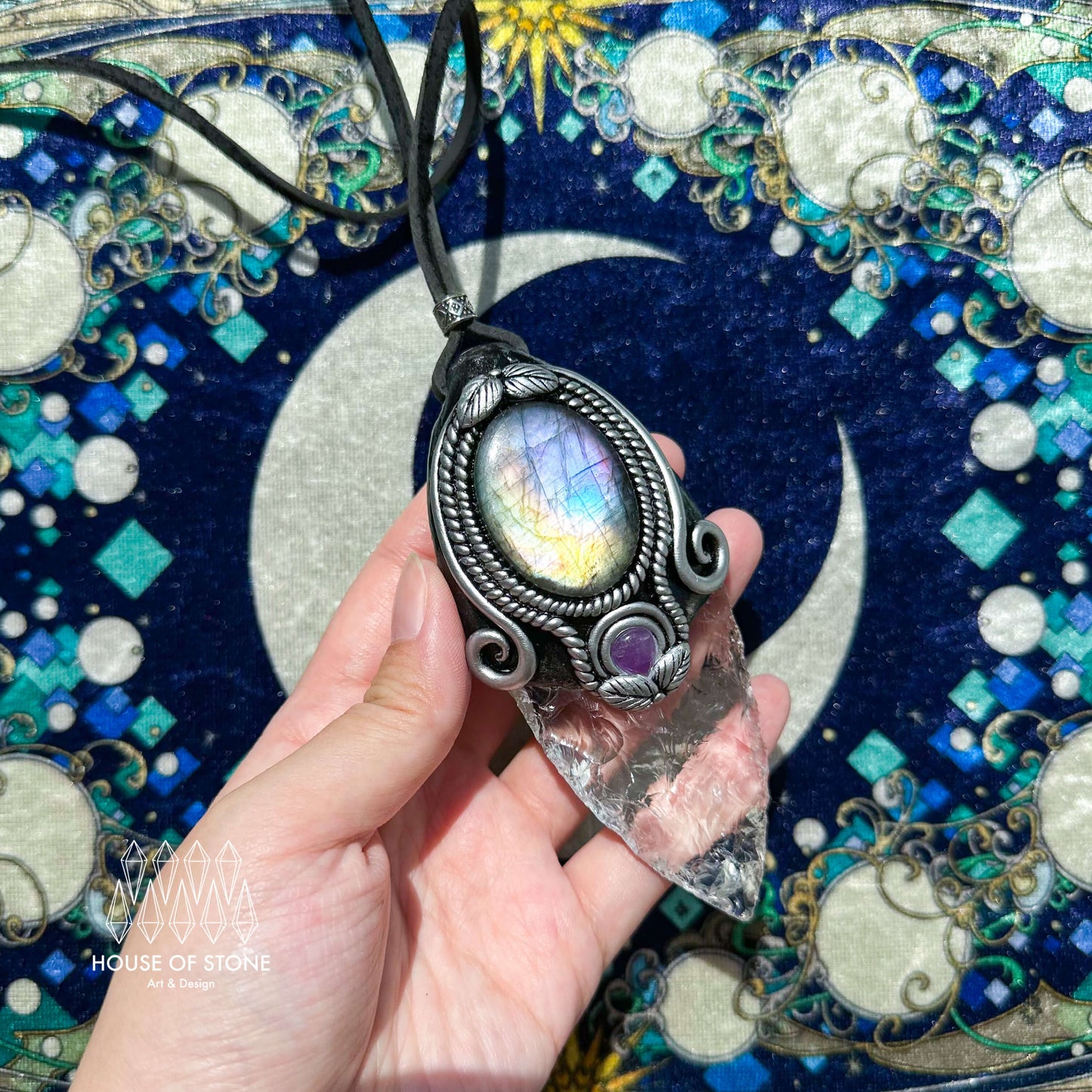 Natural Handmade Clear Quartz Arrowhead Pendant Necklace/Magic Crystal Double-sided Pendant/Labradorite Jewelry/Chakra/Altar Tool