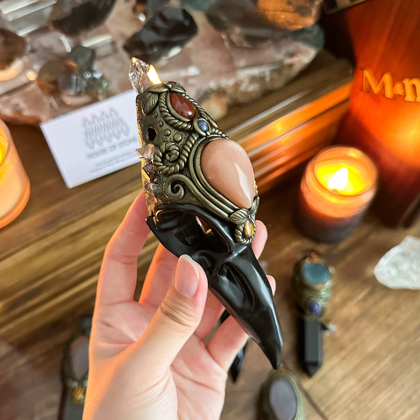 Handmade Natural Black Obsidian Raven Skull Pendant Necklace/Magic Herkimer Diamond Crystal Protection Pendant/Amulet Talisman Jewelry/Chakra/Altar Tool