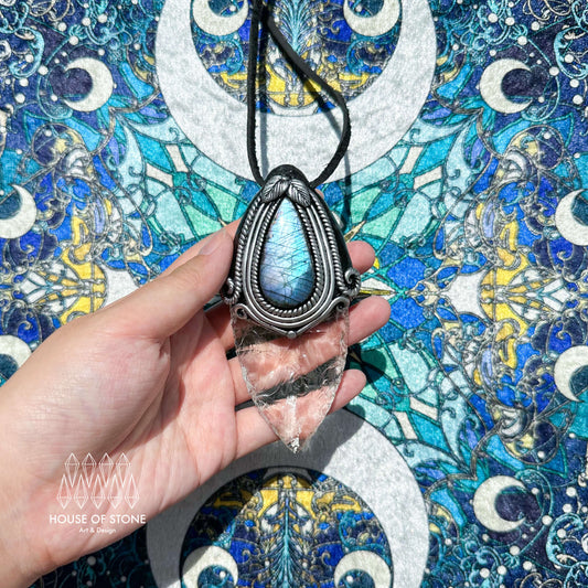 Natural Handmade Clear Quartz Arrowhead Pendant Necklace/Magic Crystal Double-sided Pendant/Labradorite Jewelry/Chakra/Altar Tool