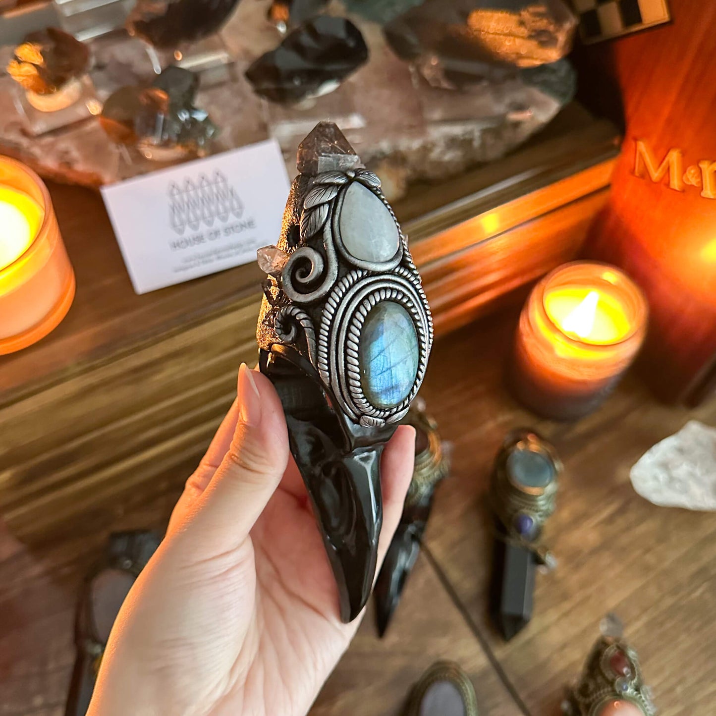 Handmade Natural Black Obsidian Raven Skull Pendant Necklace/Magic Herkimer Diamond Crystal Protection Pendant/Amulet Talisman Jewelry/Chakra/Altar Tool