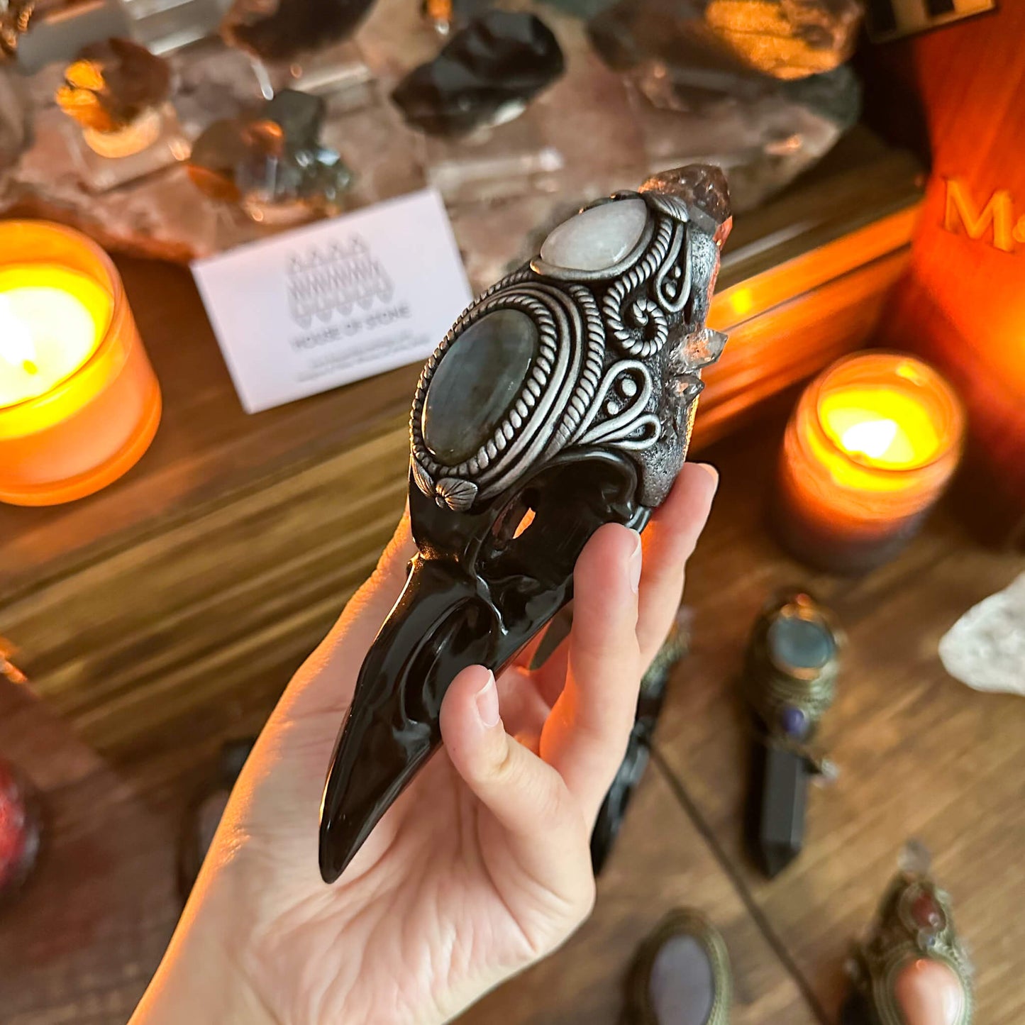 Handmade Natural Black Obsidian Raven Skull Pendant Necklace/Magic Herkimer Diamond Crystal Protection Pendant/Amulet Talisman Jewelry/Chakra/Altar Tool