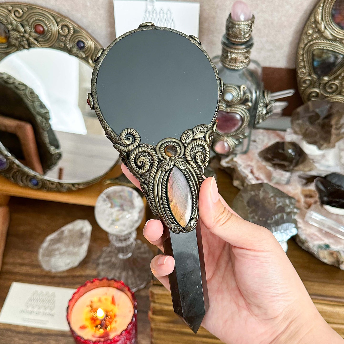 Handmade Natural Black Obsidian Mirror/Magic Obsidian Witch Wand/Crystal Quartz Wand/Scrying Mirror Wand/Root Chakra/Manifest Altar Tool