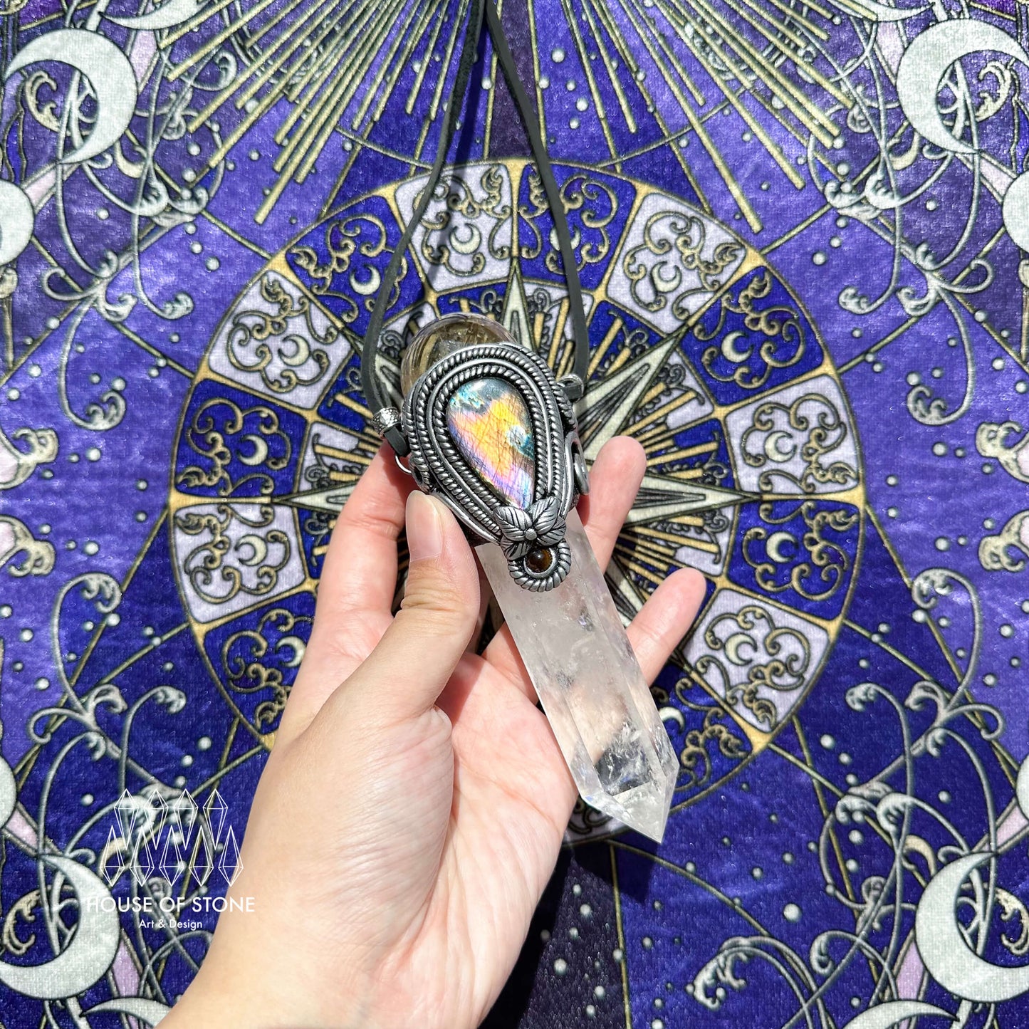 Natural Handmade Clear Quartz Pendant Necklace/Magic Crystal Double-sided Pendant/Labradorite Necklace/Root Chakra/Manifest Altar Tool