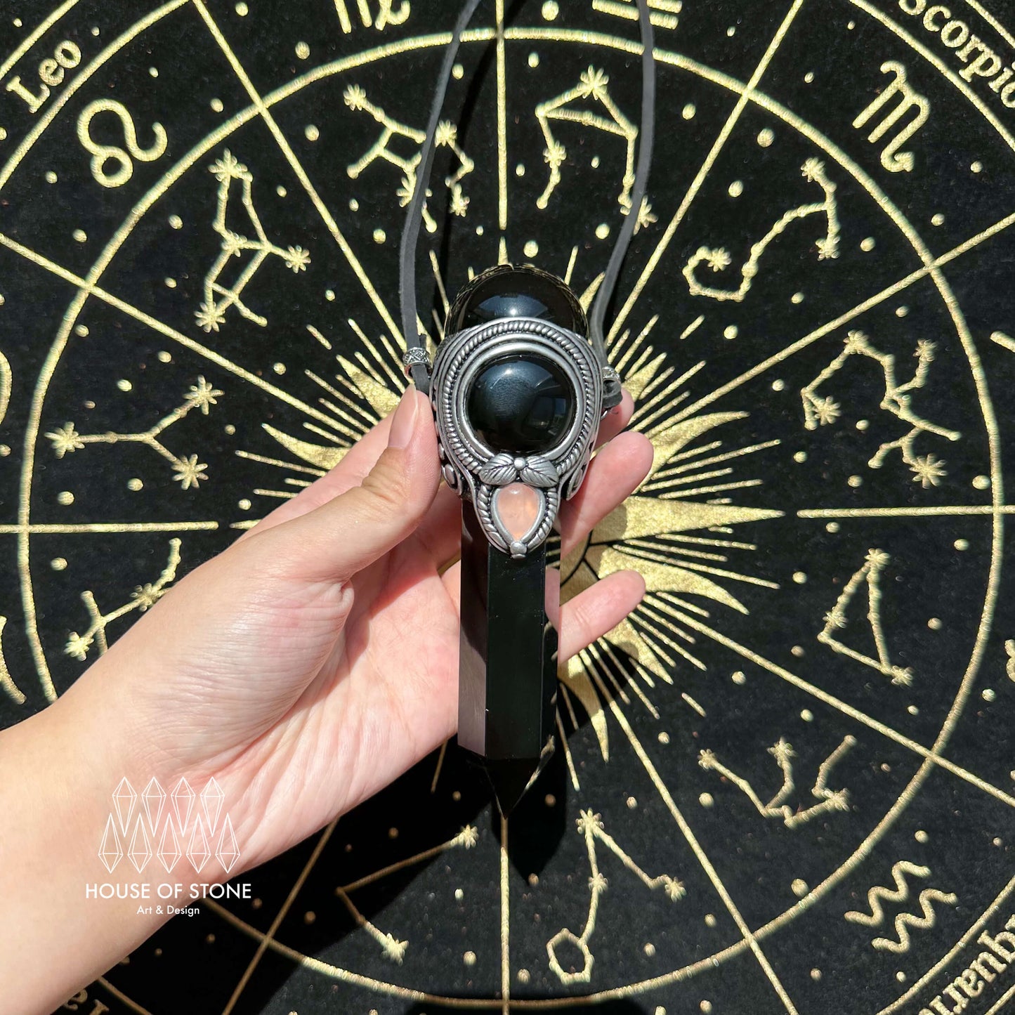 Natural Handmade Black Obsidian Pendant Necklace/Magic Gold Sheen Obsidian Crystal Pendant/Rose Quartz Jewelry/Chakra/Altar Tool