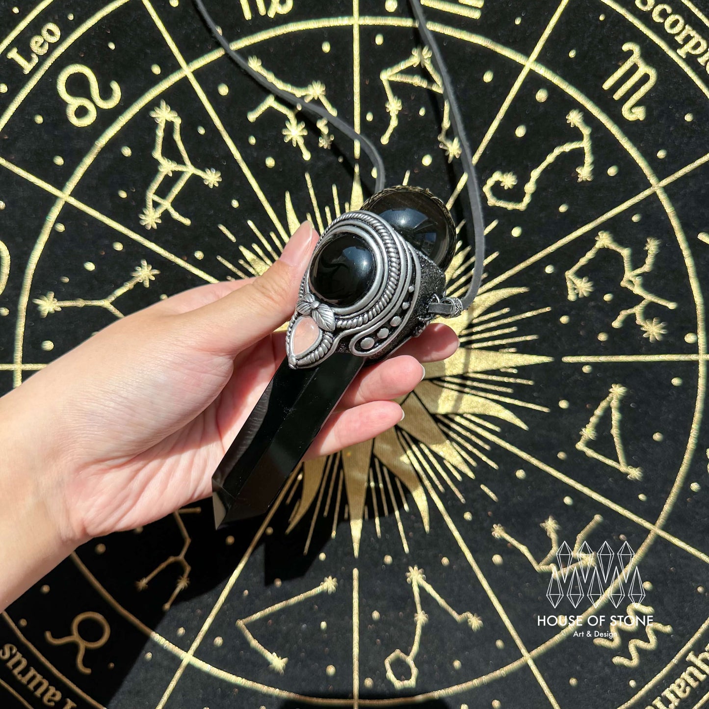 Natural Handmade Black Obsidian Pendant Necklace/Magic Gold Sheen Obsidian Crystal Pendant/Rose Quartz Jewelry/Chakra/Altar Tool