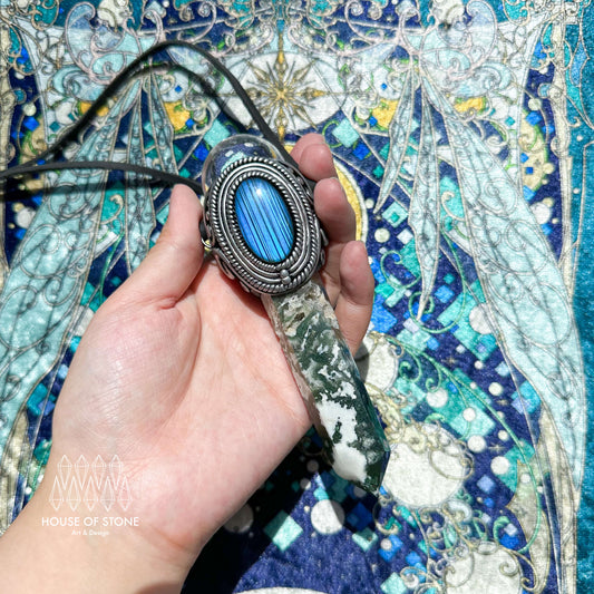 Natural Handmade Moss Agate Pendant Necklace/Magic Clear Quartz Double-sided Pendant/Labradorite Jewelry/Heart Chakra/Altar Tool