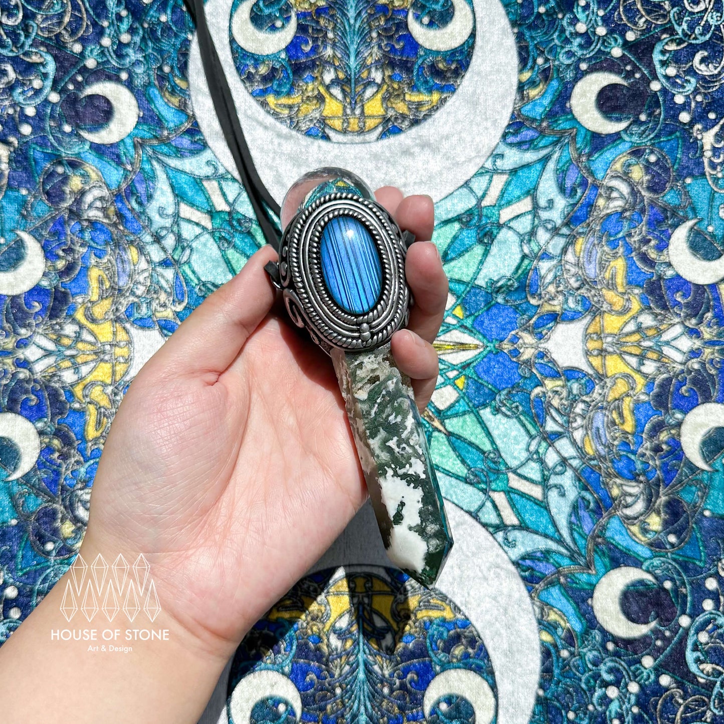 Natural Handmade Moss Agate Pendant Necklace/Magic Clear Quartz Double-sided Pendant/Labradorite Jewelry/Heart Chakra/Altar Tool