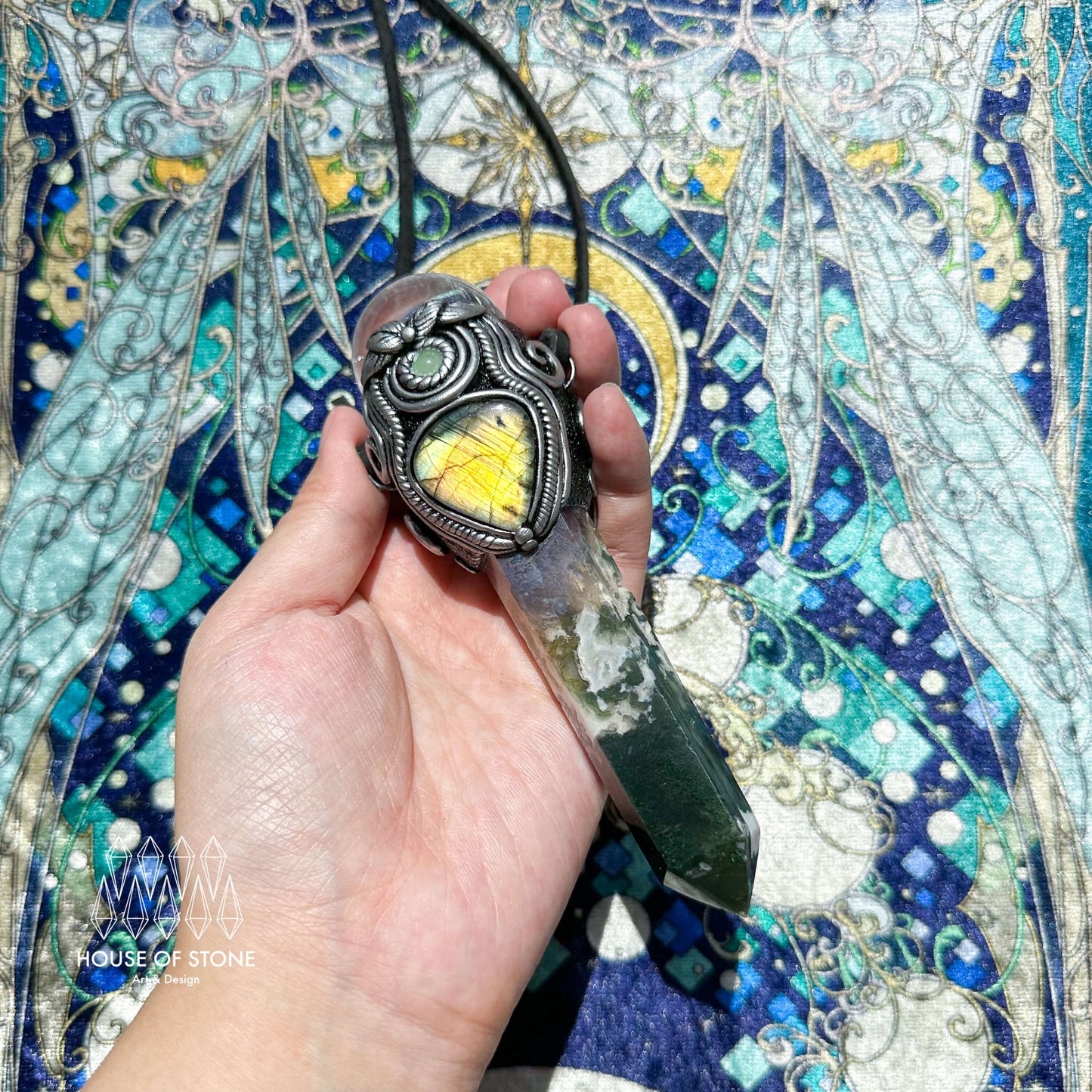 Natural Handmade Moss Agate Pendant Necklace/Magic Clear Quartz Double-sided Pendant/Labradorite Jewelry/Heart Chakra/Altar Tool