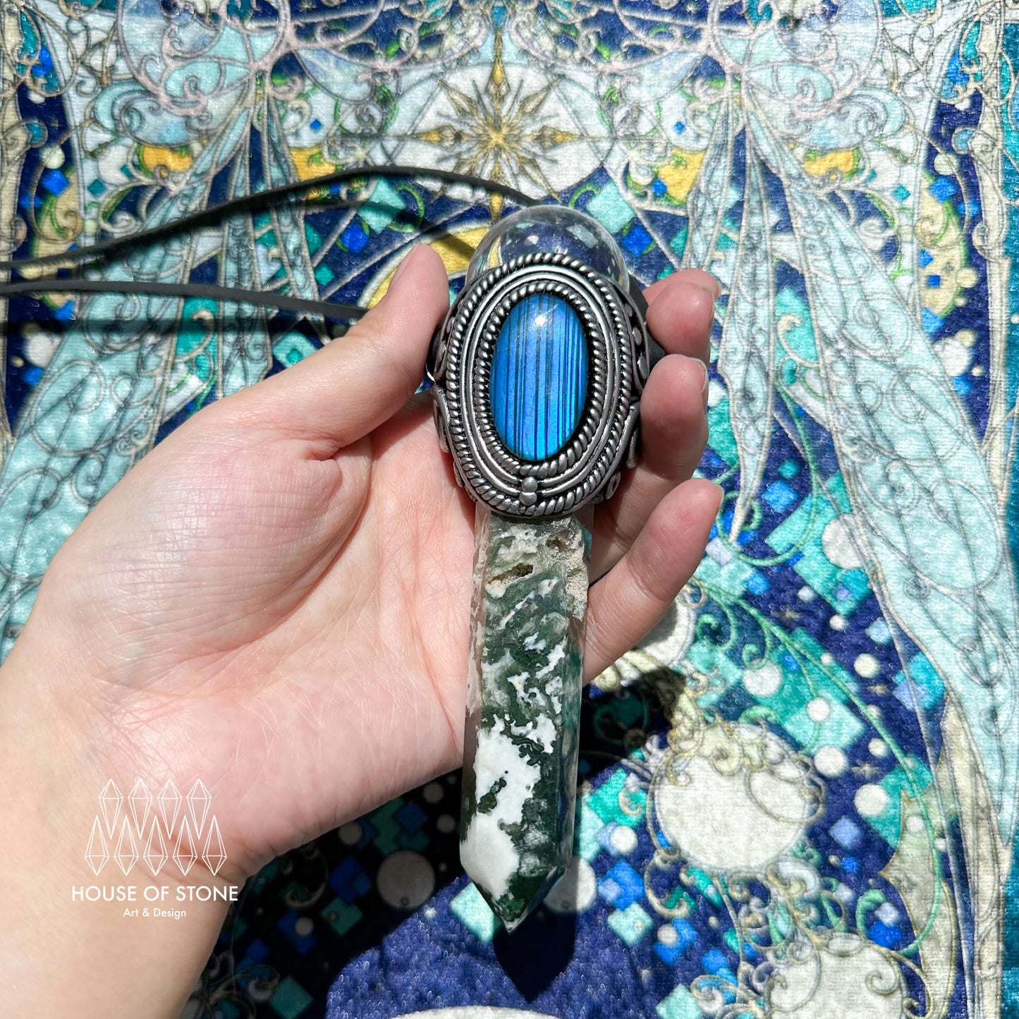 Natural Handmade Moss Agate Pendant Necklace/Magic Clear Quartz Double-sided Pendant/Labradorite Jewelry/Heart Chakra/Altar Tool