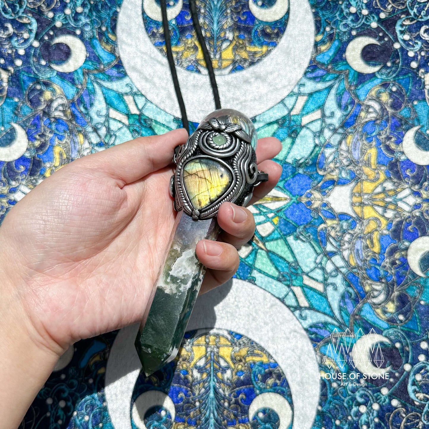 Natural Handmade Moss Agate Pendant Necklace/Magic Clear Quartz Double-sided Pendant/Labradorite Jewelry/Heart Chakra/Altar Tool